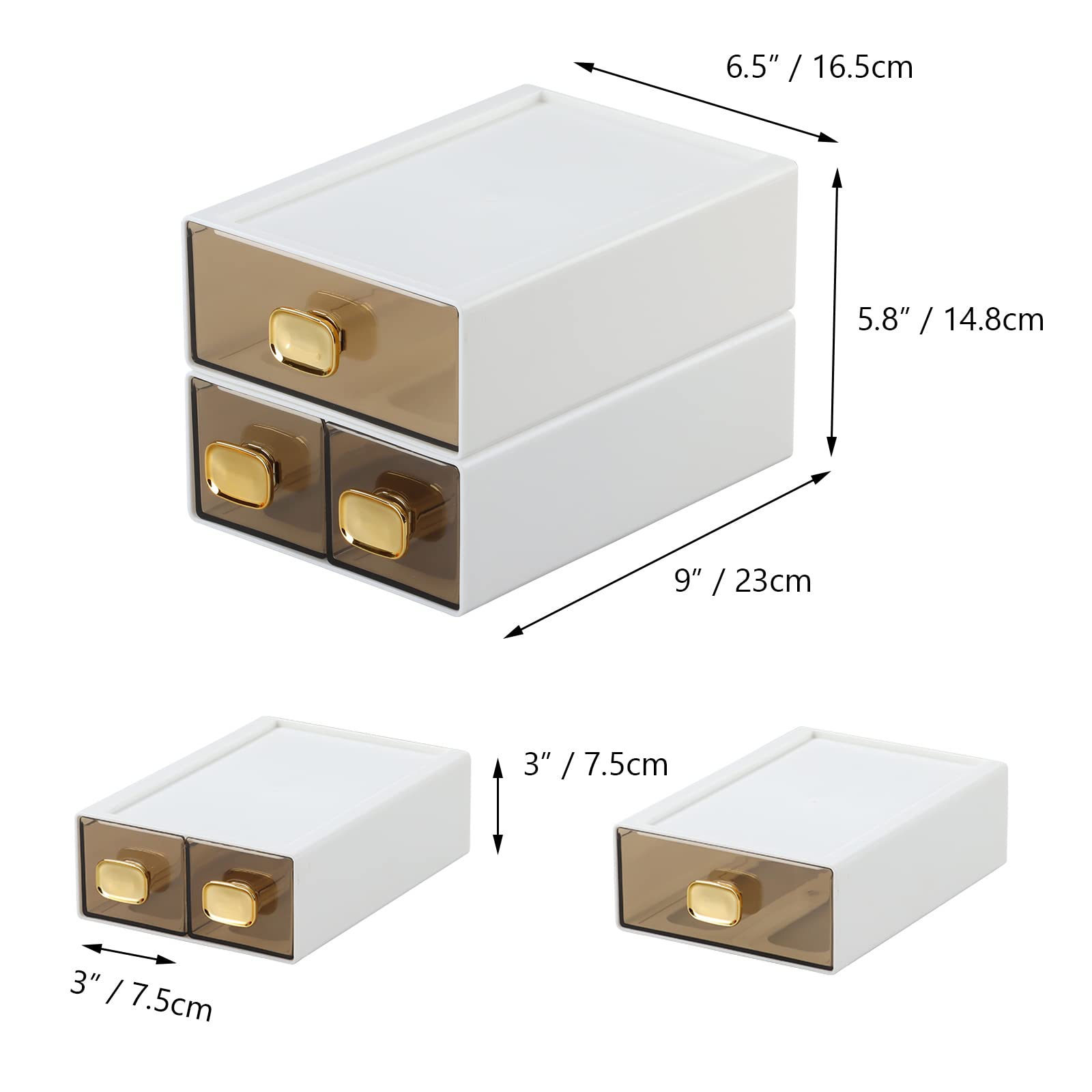 Stackable Plastic Desk Drawer Organizer - 3-Tier Storage Box with 1 Middle & 2 Small Drawers for Office, School & Home Supplies (White) | Perfect for Organizing Stationery, Documents & Small Items