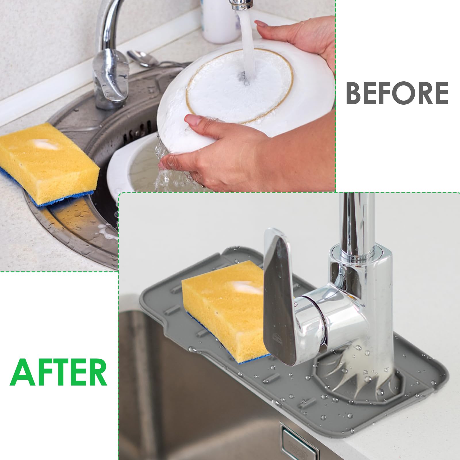 Premium Silicone Sink Splash Guard Mat - Non-Slip Soap Dish, Faucet Drip Catcher & Sponge Holder - 8.3