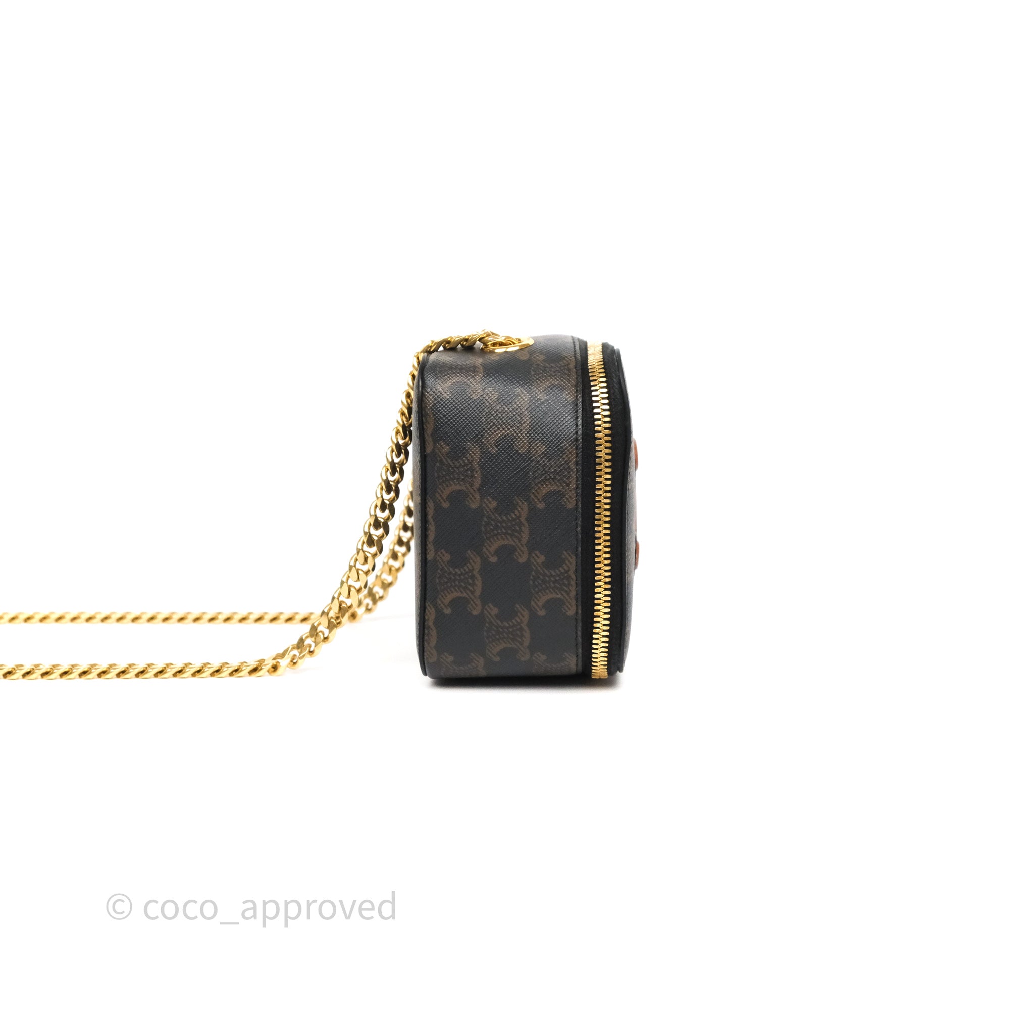 Celine Triomphe Box On Chain Bag in Tan Calfskin Leather with Canvas Accents - Perfect for Work, Evening Events & Everyday Luxury