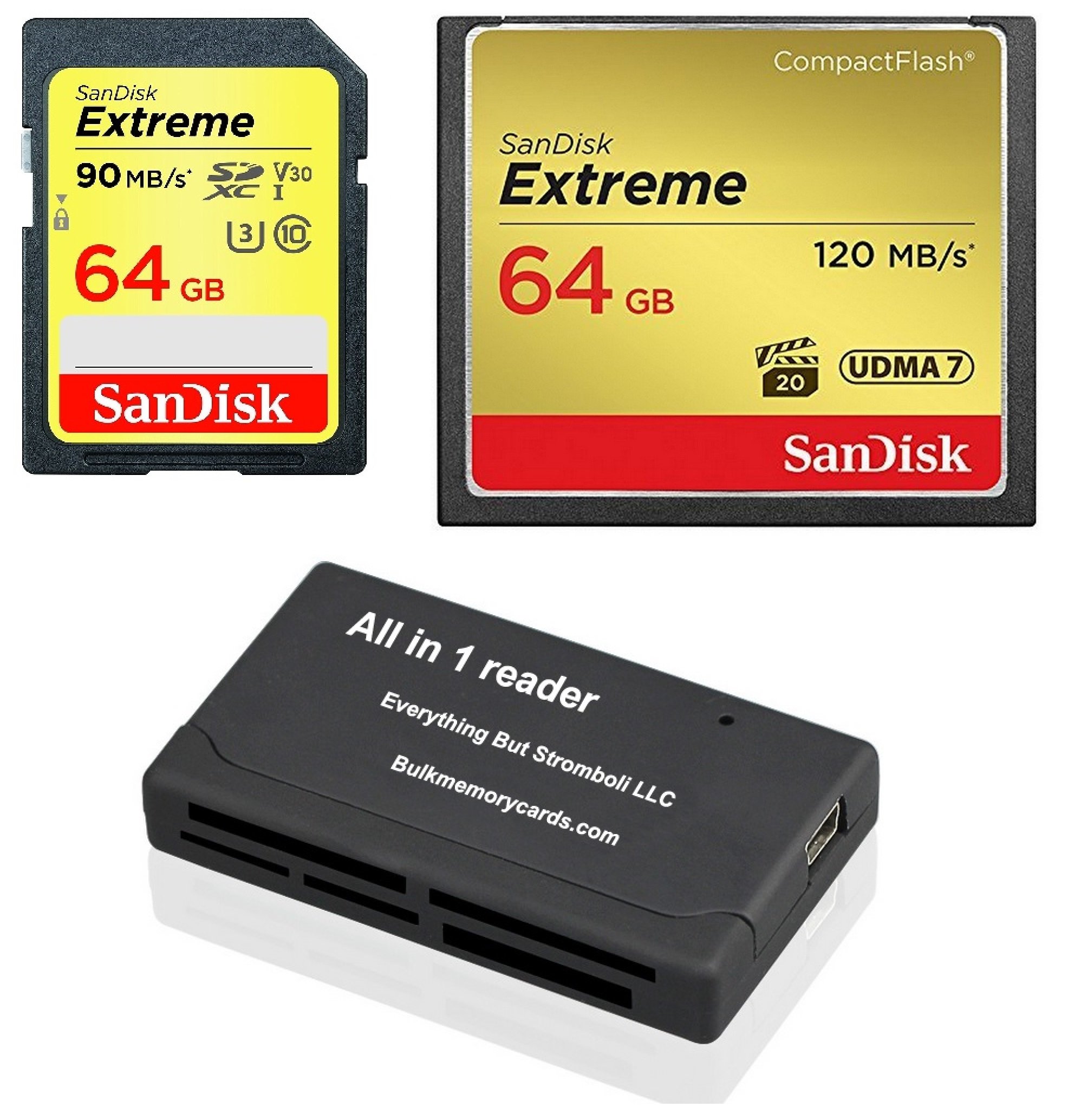 SanDisk 64GB CompactFlash Extreme & SDHC Extreme Memory Card Bundle for Canon 5D Mark III, 1D Mark IV - High-Speed Professional Photography, 4K Video Recording (Includes Card Reader) - Perfect for DSLR Cameras, Action Shots & Studio Work