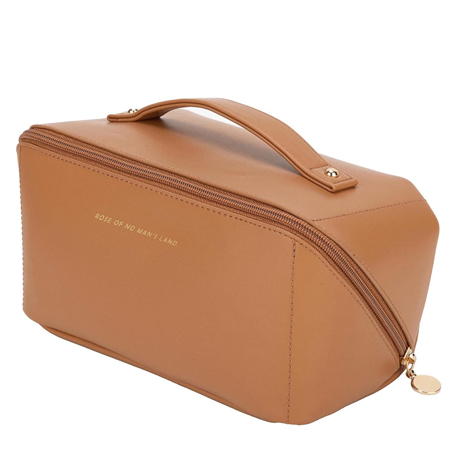 Luxury Waterproof PU Leather Makeup Bag with Handle & Divider - Travel Cosmetic Organizer for Women, Portable Flat Lay Makeup Pouch (Brown) | Perfect for Travel, Gym, and Everyday Use