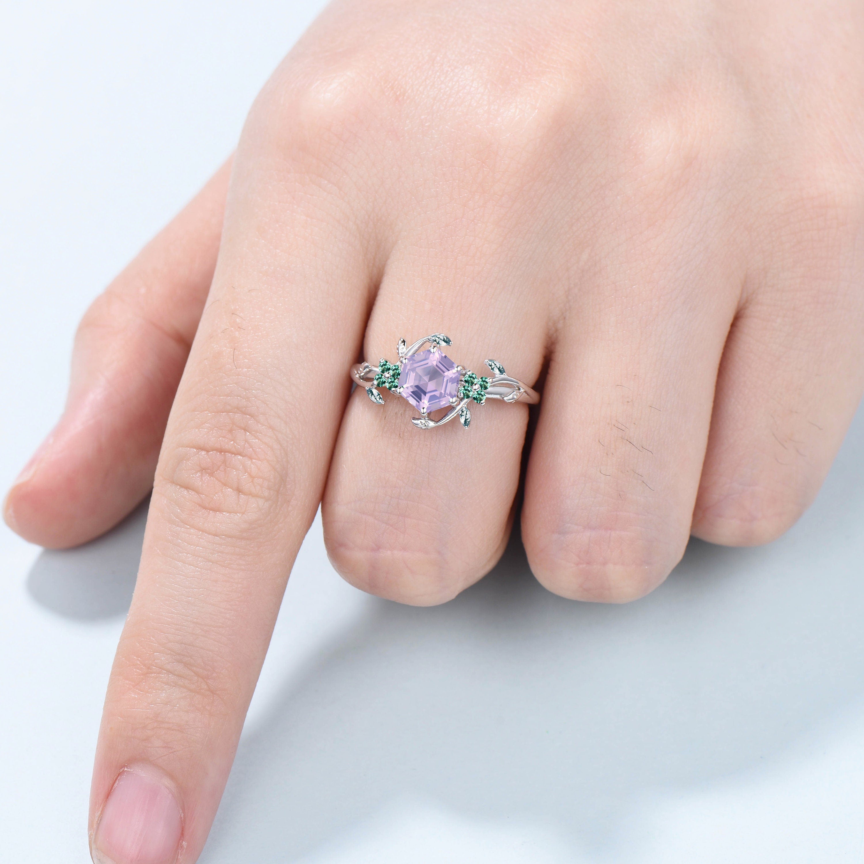 Elegant Hexagon Lavender Amethyst Ring - Vintage Twig Engagement Ring with Marquise Moss Agate - Natural Inspired Emerald Wedding Band - Perfect for Boho Brides, Nature Lovers & Unique Jewelry Collectors