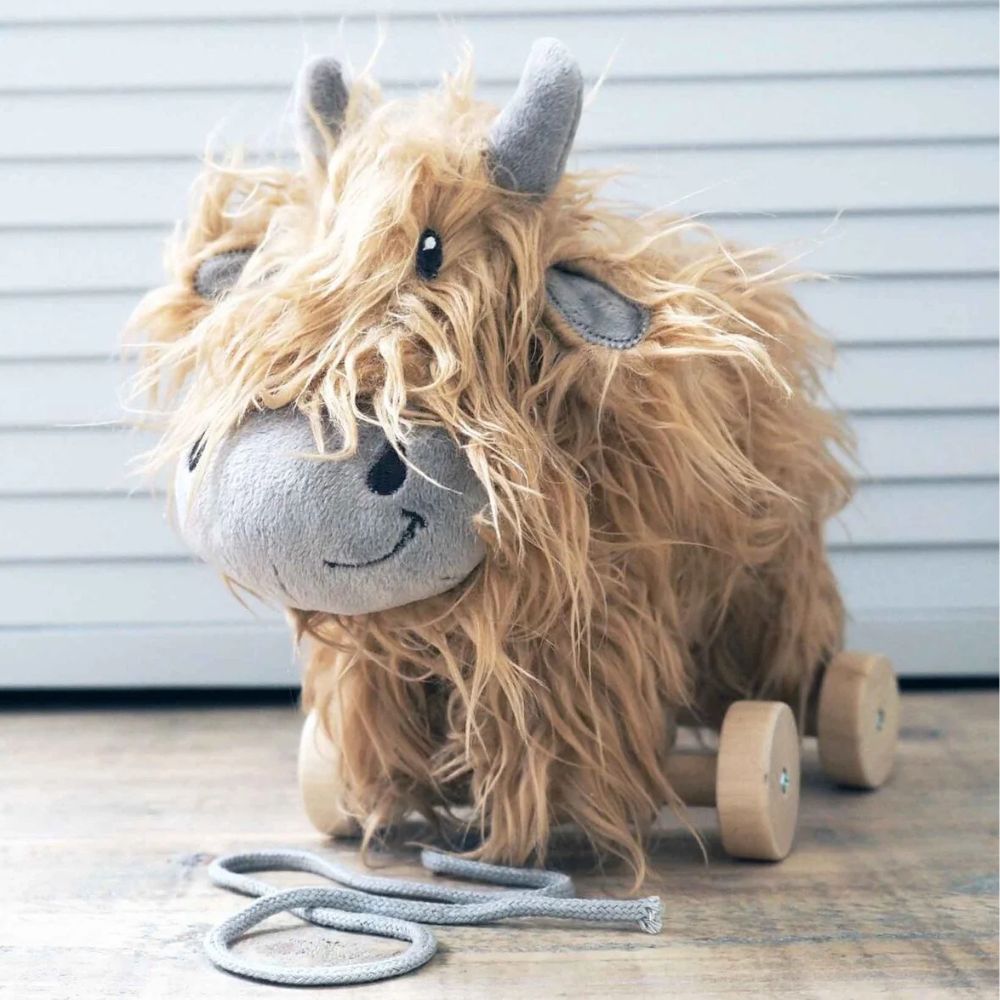 Highland Cow Pull Along Toy for Toddlers by Little Bird Told Me - Wooden Pull Toy for Kids Ages 1-3, Perfect for Early Learning & Playtime Fun