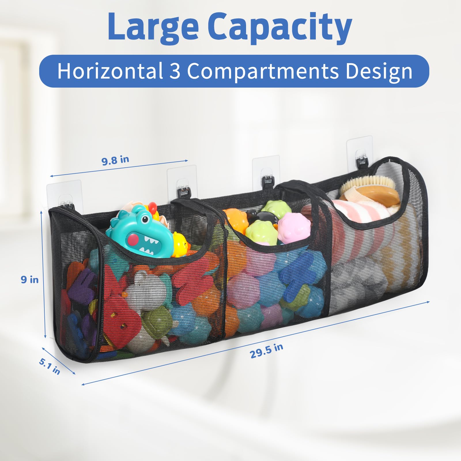 Goowin Bath Toy Organizer - 3 Compartment Large Openings Toy Holder for Kids Bath Time, High Capacity Bathtub Storage for Easy Access & Sorting (Black) - Perfect for Bathroom Organization & Toddler Playtime