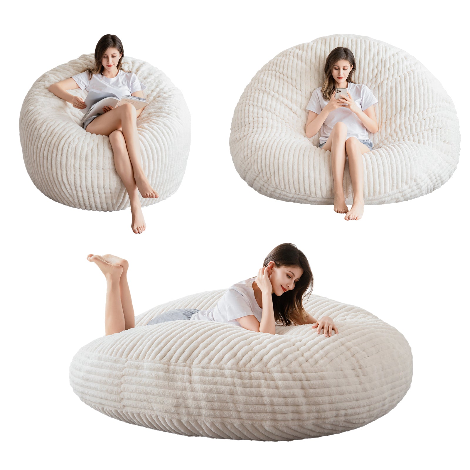 MAXYOYO Giant Round Bean Bag Chair for Adults - Soft Striped Faux Fur Oversized Lounger (Beige) | Perfect for Living Room, Bedroom, Game Room & Dorm Relaxation