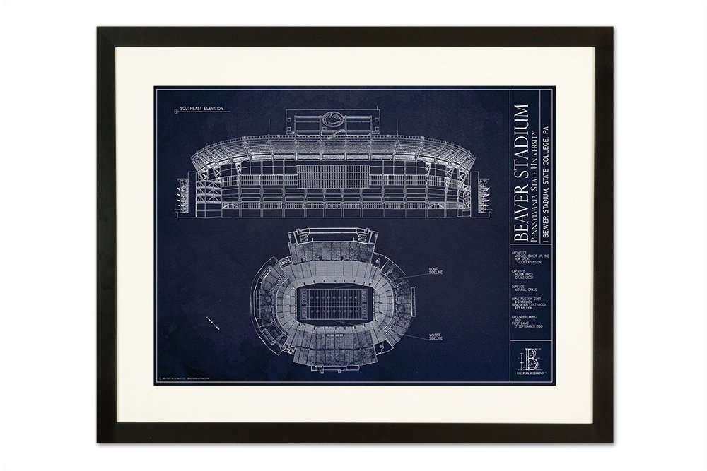 Pennsylvania State University Beaver Stadium Blueprint Style Print - Vintage College Football Decor for Game Room, Office & Fan Cave