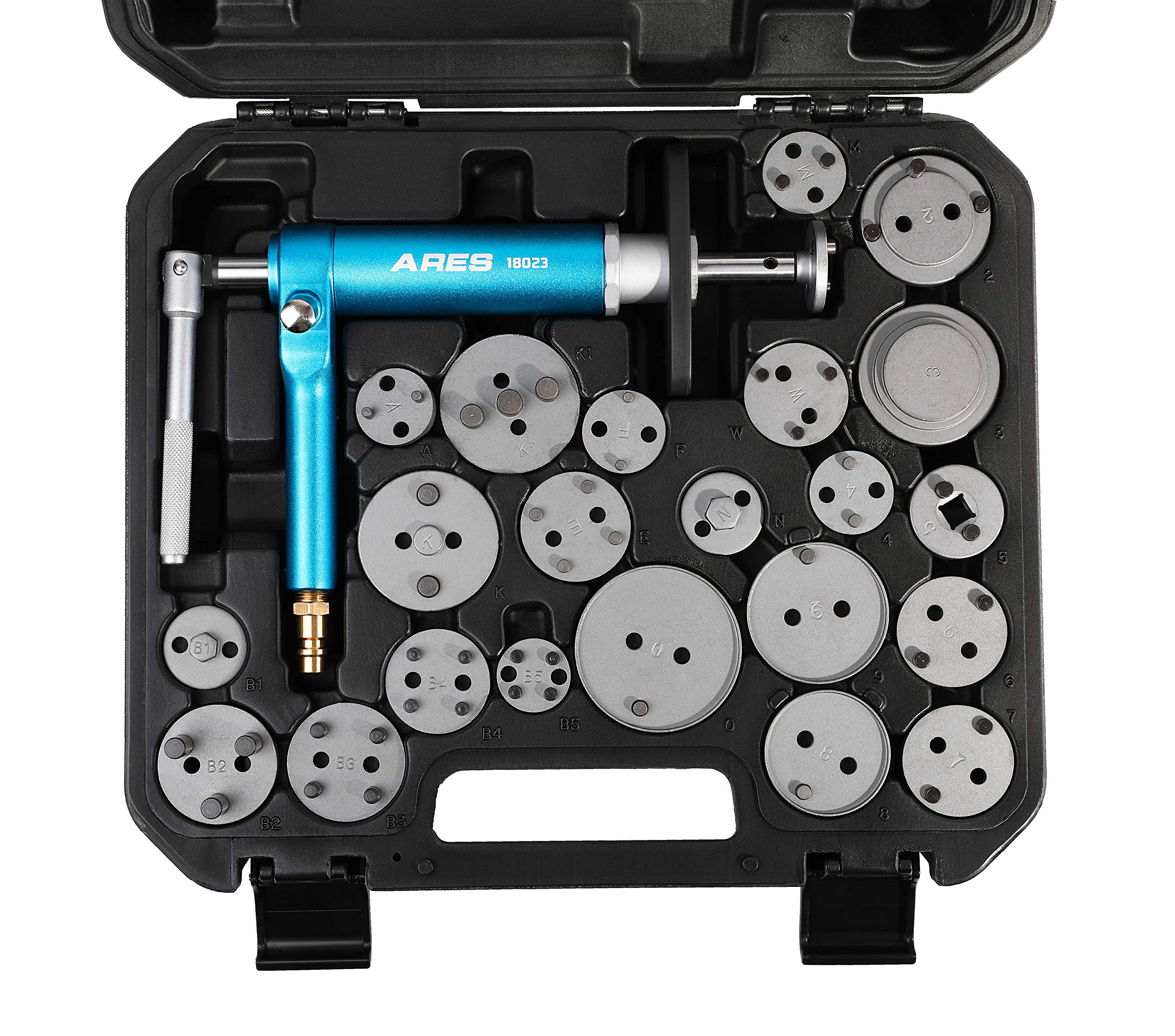 ARES 18023 23-Piece Brake Caliper Wind Back Tool Kit - Pneumatic Design for Easy One-Person Brake Service - Includes Compressor Tool & 22 Drive Key Disc Adapters - Storage Case - Perfect for DIY Car Repair & Professional Auto Shop Use