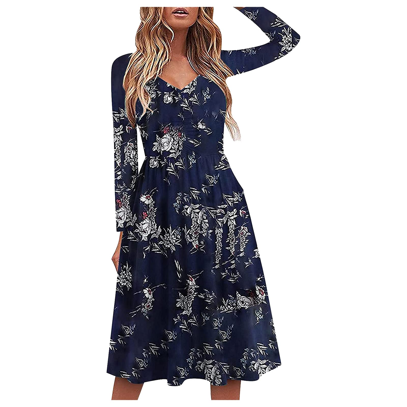 Vintage Christmas Plaid Midi Dress for Women - Flowy Corduroy Cocktail Sundress, Plus Size Prom Dress (Navy, Size L) | Perfect for Holiday Parties, Office Christmas Events & Winter Gatherings