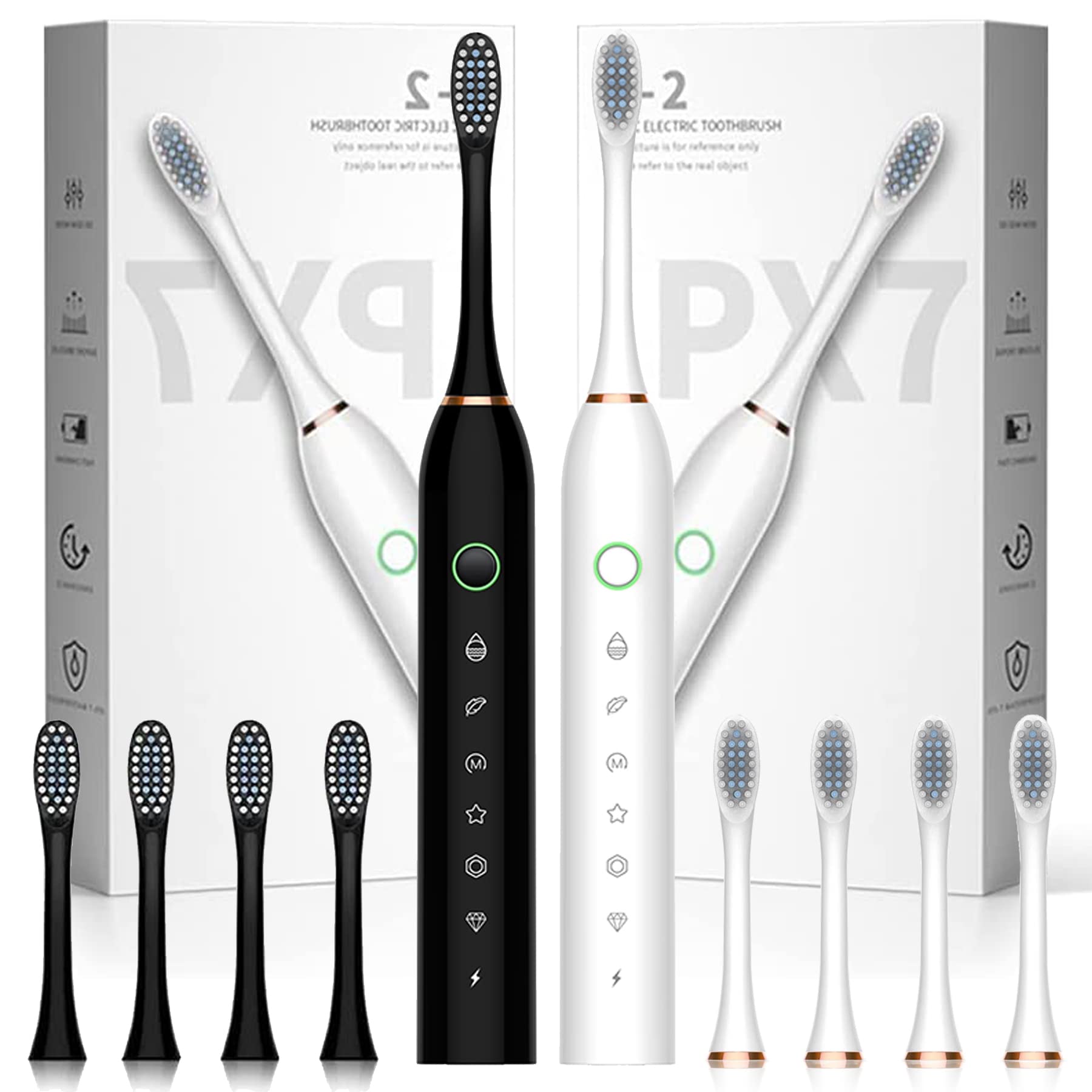 2 Pack Sonic Electric Toothbrush with 8 Brush Heads - 6 Cleaning Modes, 42,000 VPM, Built-in 2 Minute Timer (White & Black) - Perfect for Travel, Home & Family Oral Care