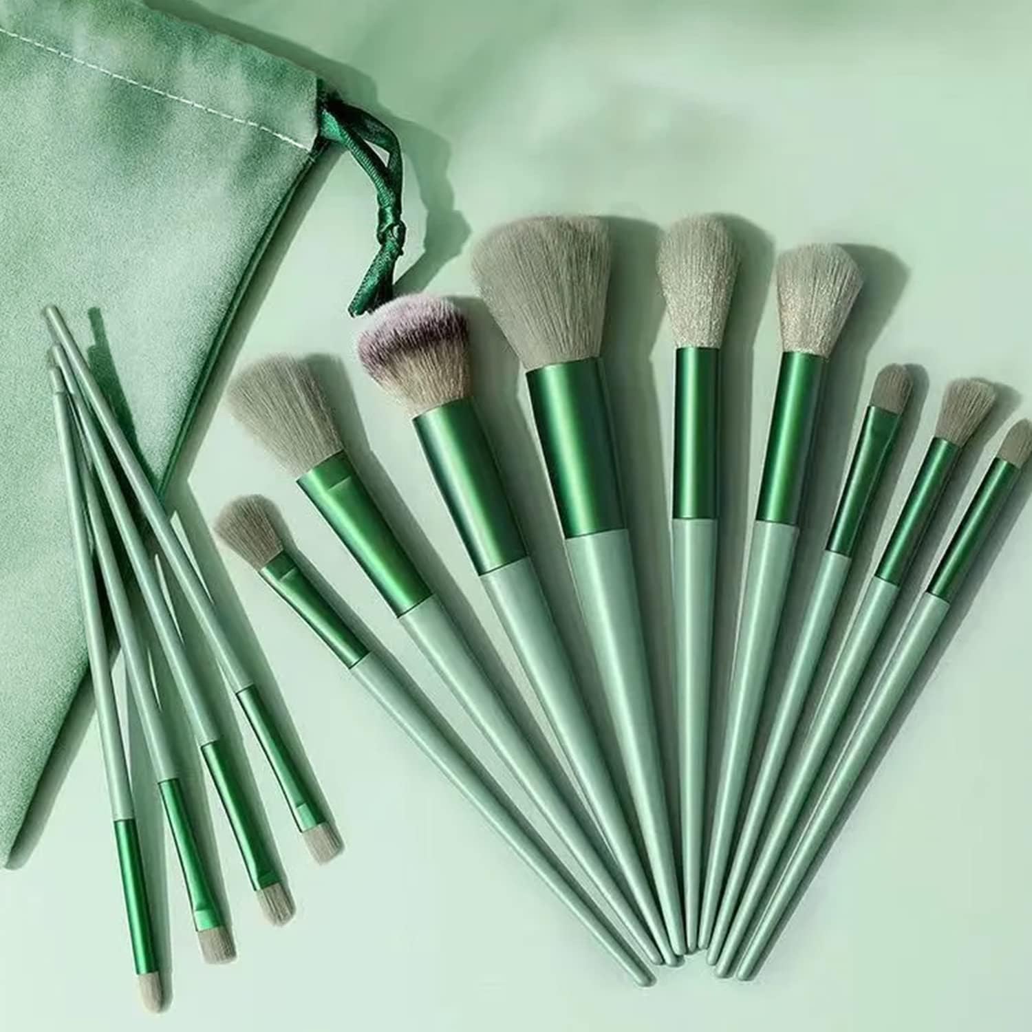 13-Piece Professional Makeup Brush Set - Foundation, Powder, Eyeshadow & Eyebrow Brushes with Synthetic Kabuki & Green Travel Bag | Celebrity Cosmetic Tools for Flawless Makeup Application | Perfect for Home, Salon & Travel Use