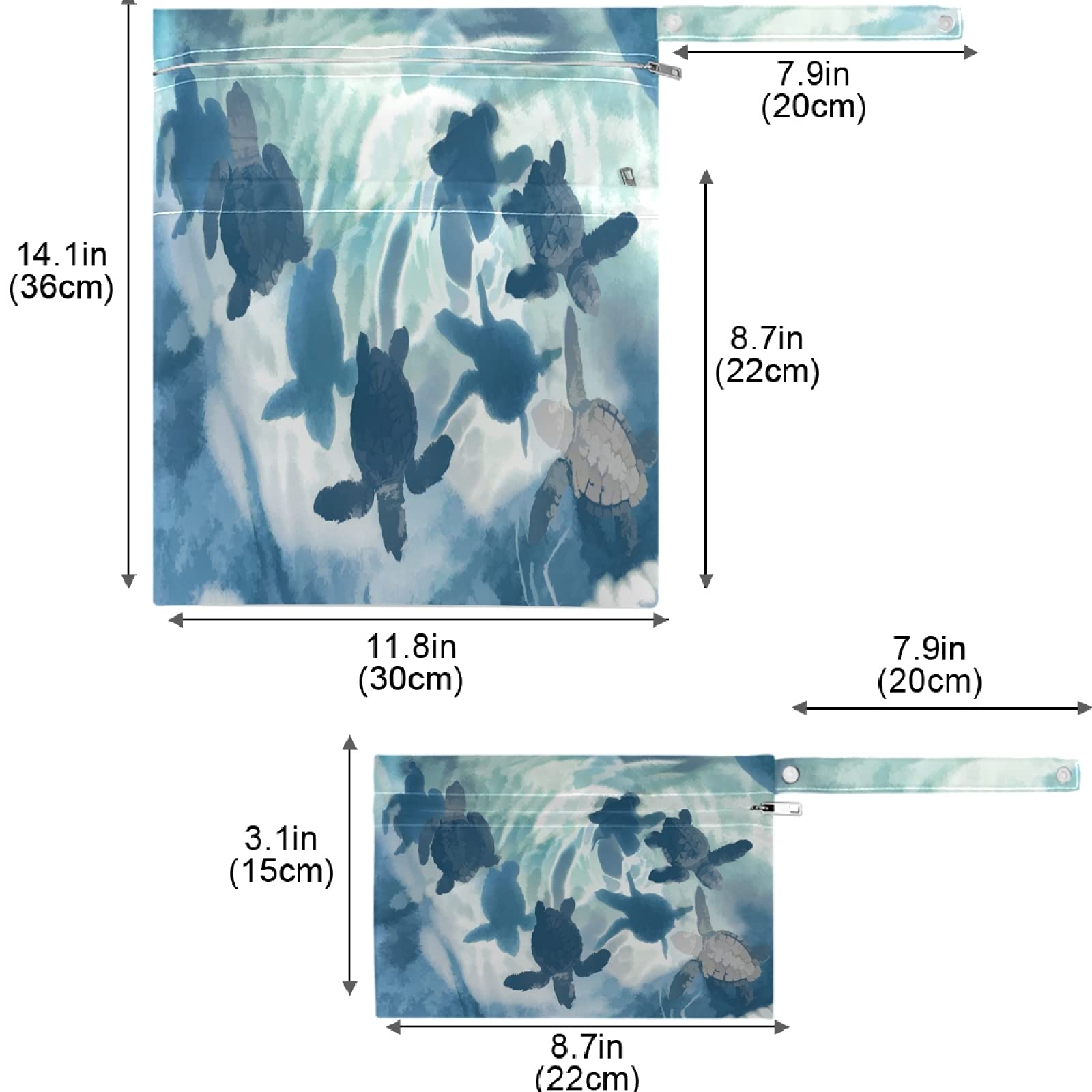 Visesunny 2-Pack Blue Sea Turtle Wet Bags with Zipper Pockets - Reusable & Washable Waterproof Storage for Swimsuits, Gym Clothes, Diapers - Perfect for Beach, Pool, Travel, Daycare & Stroller Organization