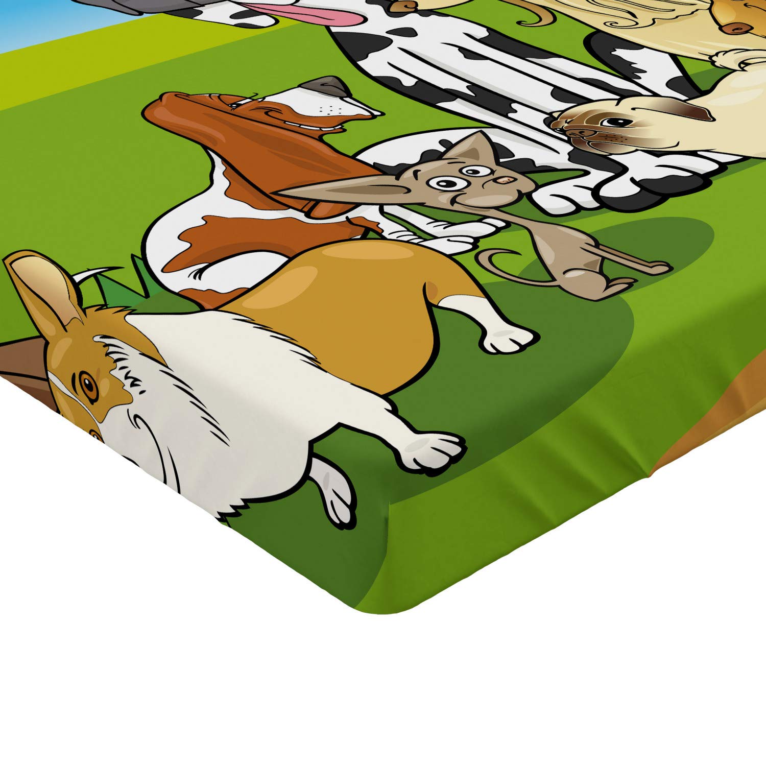Ambesonne Dog Lover Fitted Sheet - Cartoon Illustration of Funny Purebreds in Sunny Forest | All-Round Elastic Deep Pocket Bed Cover for Twin XL Size | Perfect for Pet Lovers' Bedrooms, Guest Rooms & Dog-Themed Decor