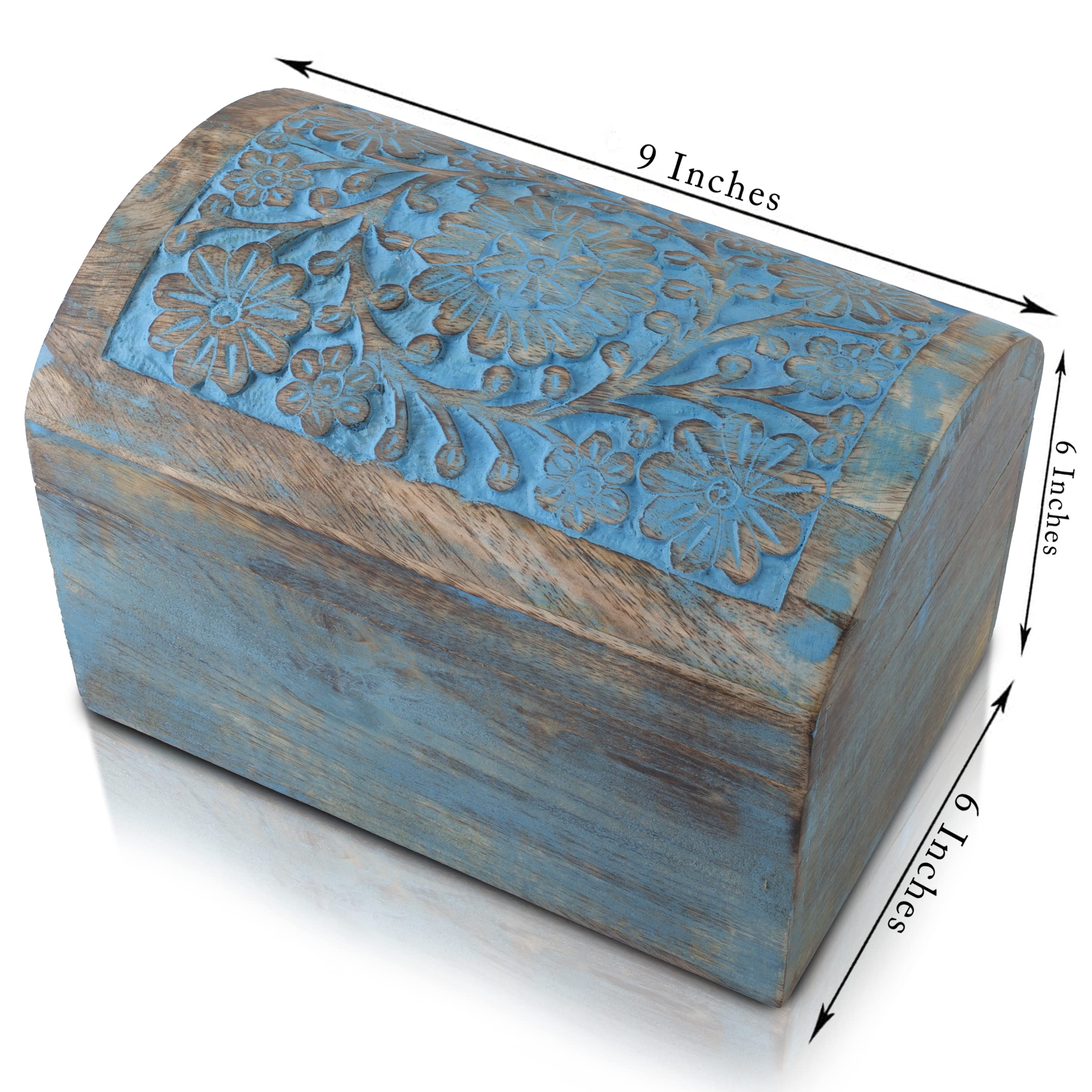 Handmade Wooden Jewelry Box with Lock - 9x6 Inch Blue Decorative Treasure Chest for Rings, Necklaces & Watches | Perfect Birthday Gift, Jewelry Organizer & Keepsake Box for Women - Home Decor, Wedding Gift & Travel Storage