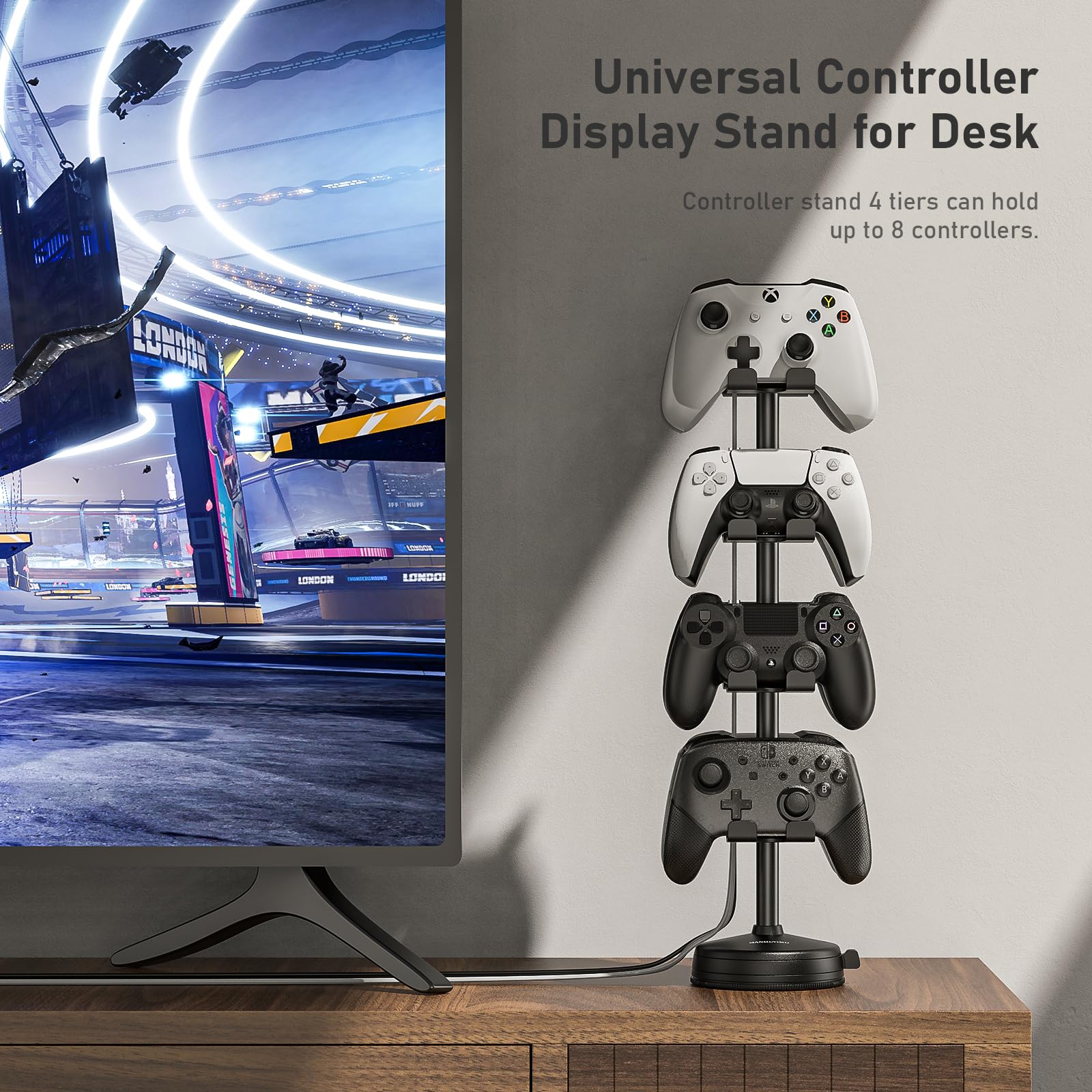 MANMUVIMO 4-Tier Headphone & Controller Holder with Anti-Slip Suction Cup - Universal Gaming Desk Organizer for PS5, PS4, Xbox Series, Xbox One, Switch Pro - Perfect for Gaming Setup & Workspace Organization