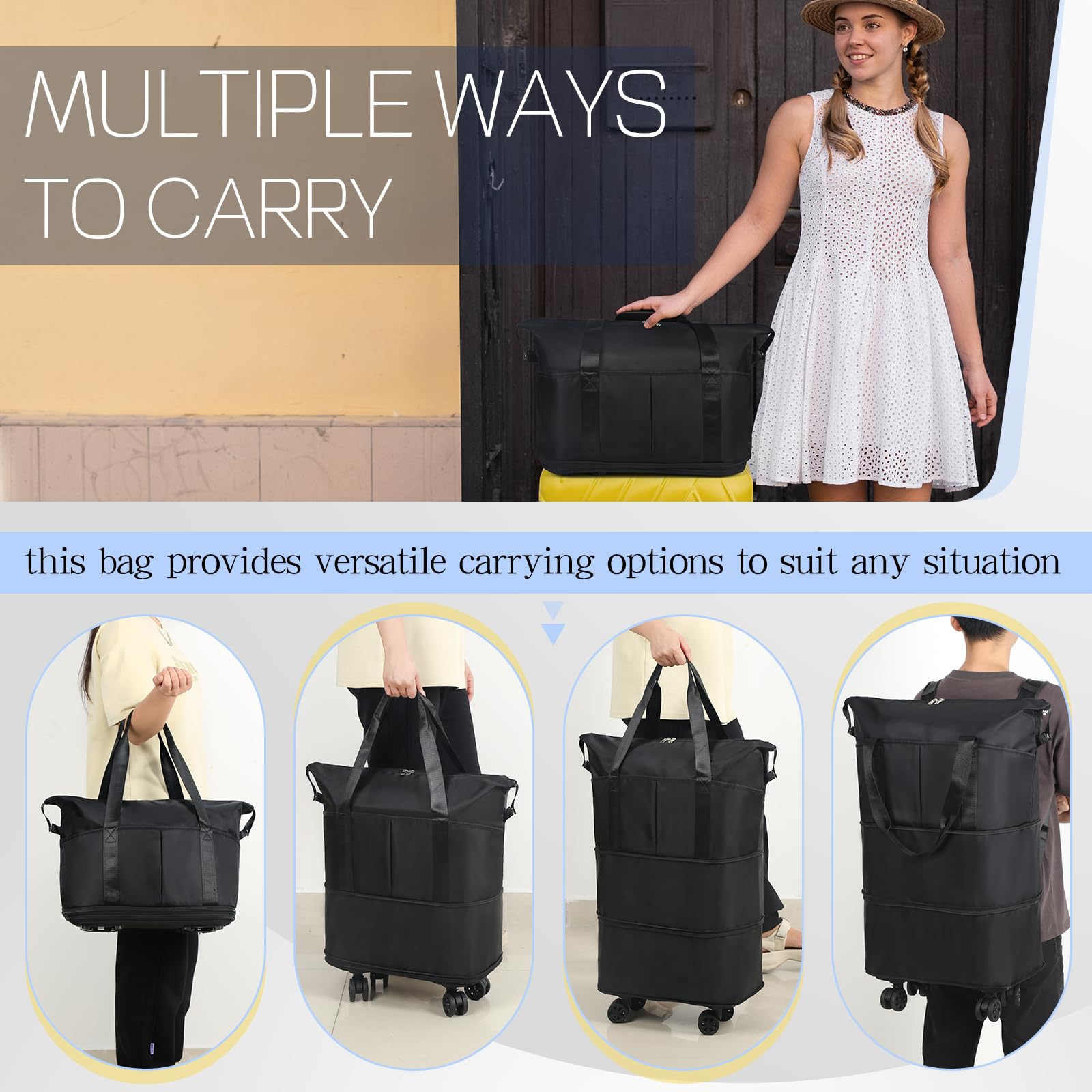 VOOWO Expandable Rolling Duffel Bag with Wheels - Large Foldable Wheeled Travel Duffle for Carry On Luggage, Overnight Weekender Bag - Perfect for Air Travel, Gym, Camping & Weekend Getaways (Black)