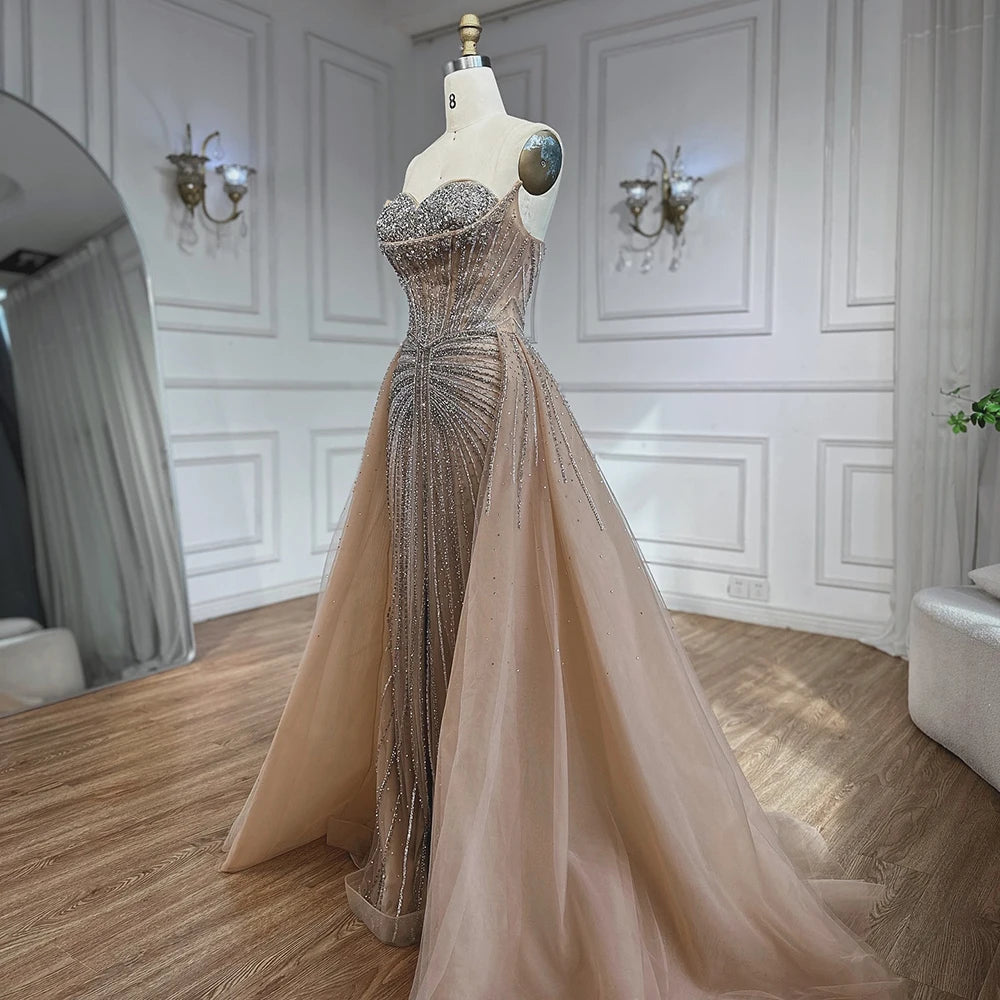 Luxury Dubai Nude Beaded Mermaid Evening Dress with Overskirt - Elegant Formal Gown for Prom, Wedding & Black Tie Events | LA72811