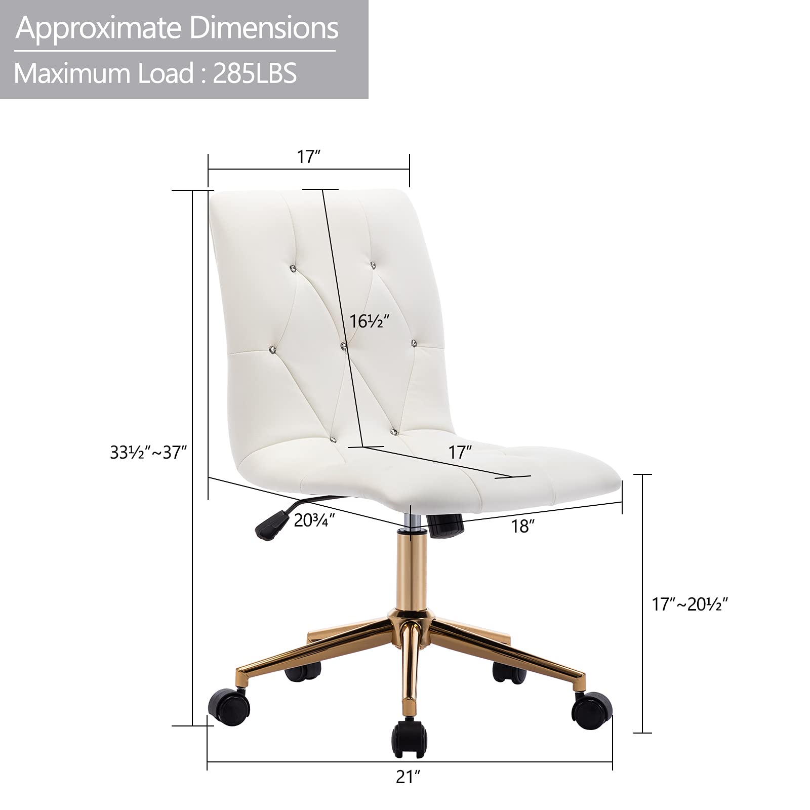 DUHOME Modern Home Office Chair - White PU Leather Desk Chair with Gold Base, Ergonomic Computer Task Chair with Wheels for Rolling Comfort, Armless Vanity Chair for Teens - Perfect for Study, Work, and Gaming Setup