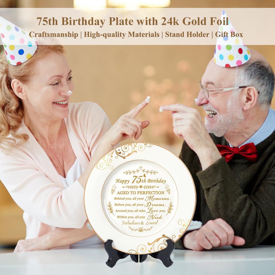 75th Birthday Gifts for Women & Men - Elegant 9 Inch Commemorative Plate with 24K Gold Foil Decorations | Perfect Retirement Gift for Parents, Wife, Husband | Great for Milestone Celebrations & Home Decor