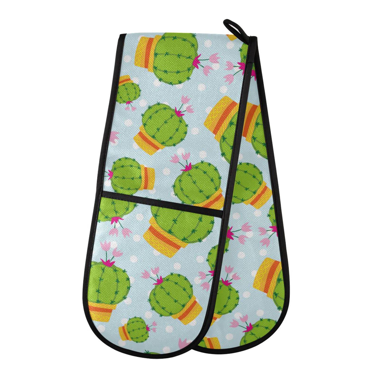 Heat Resistant Double Oven Mitts - Cactus Polka Dot Cotton Quilted Cooking Gloves for Baking, Grilling & Handling Hot Pans (35x7in) | Insulated Kitchen Protection for BBQ, Baking & Cooking | Easy to Clean & Durable