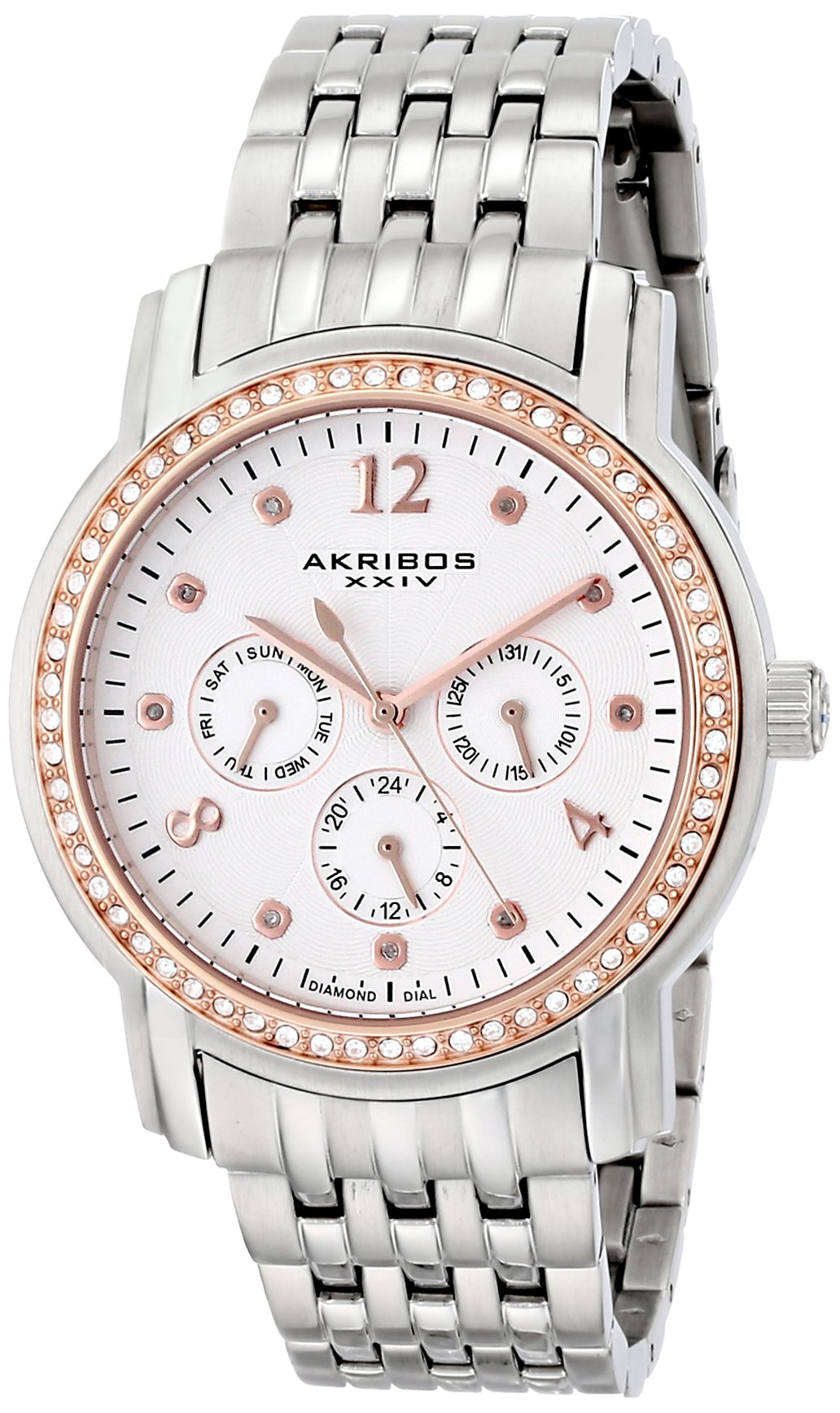 Akribos XXIV Women's 'Lady Diamond' Multifunction Watch with Diamond Hour Markers & Crystal Bezel - Stainless Steel Bracelet - AK626 - Perfect for Business, Parties & Special Occasions