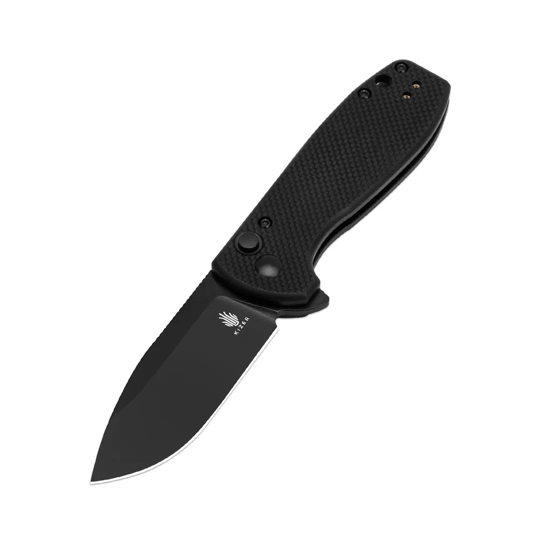 Kizer L3002A1 Amicus Button Lock Flipper Knife - Plain Black Blade & Black G10 Handles - EDC Pocket Knife for Outdoor, Camping, Hiking and Everyday Carry