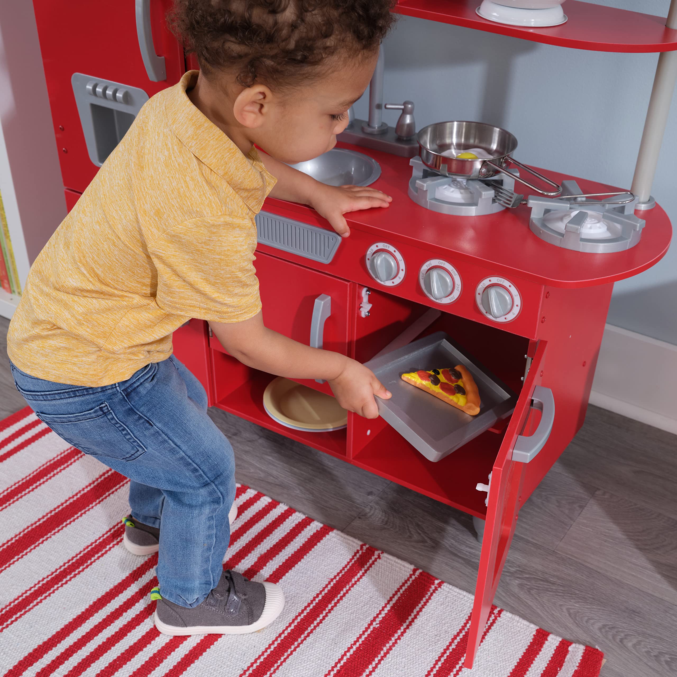 KidKraft Red Vintage Wooden Play Kitchen Set with Stainless Steel-Look Trim & Play Phone - Pretend Cooking Toy for Toddlers & Kids Ages 3+ - Perfect for Imaginative Play, Birthday Gifts & Preschool Learning