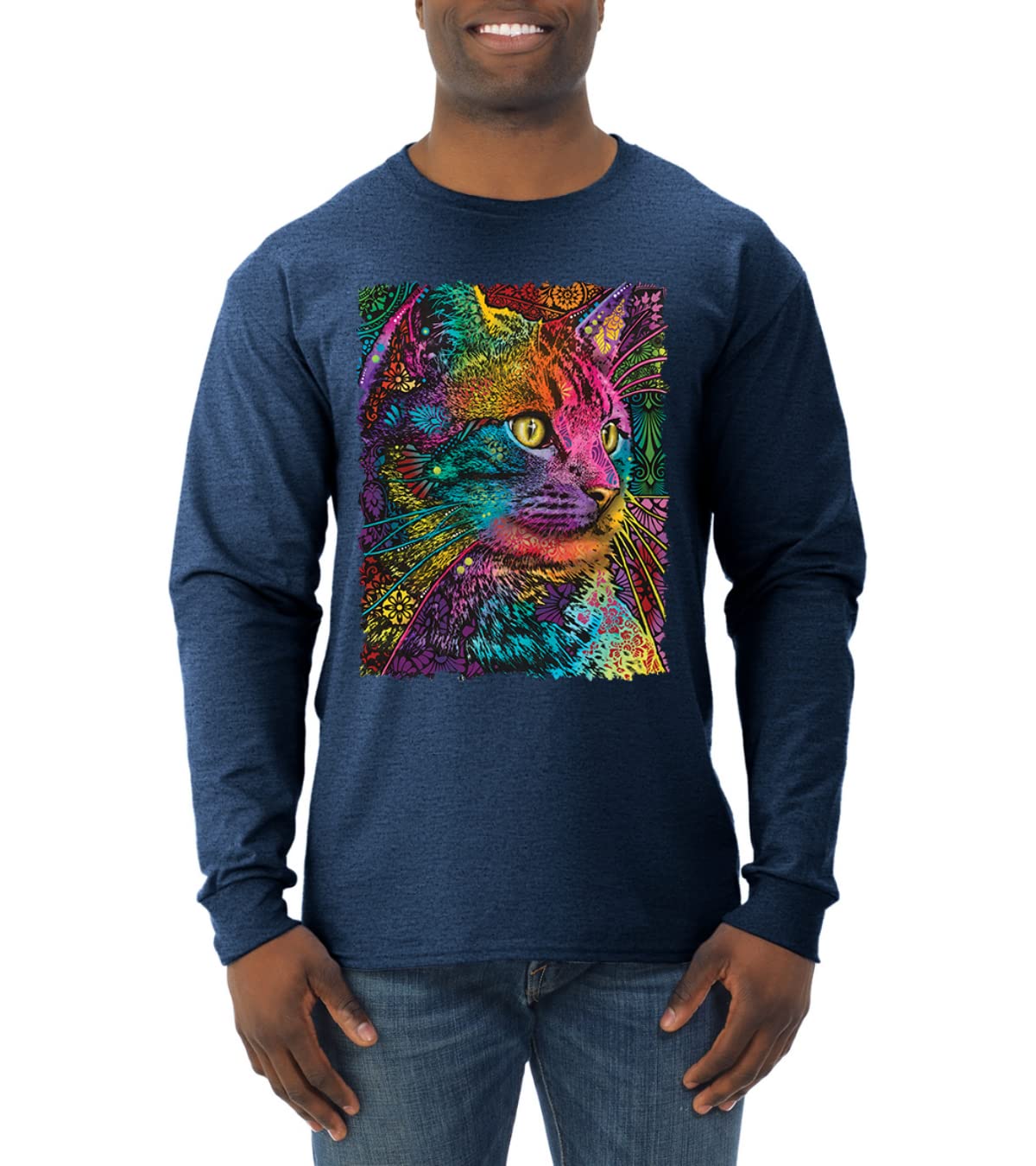 Dean Russo Art Cat Lover Mens Long Sleeve Shirt - Colorful Cat Portrait Graphic Tee for Cat Owners - Perfect Gift for Pet Lovers & Casual Wear