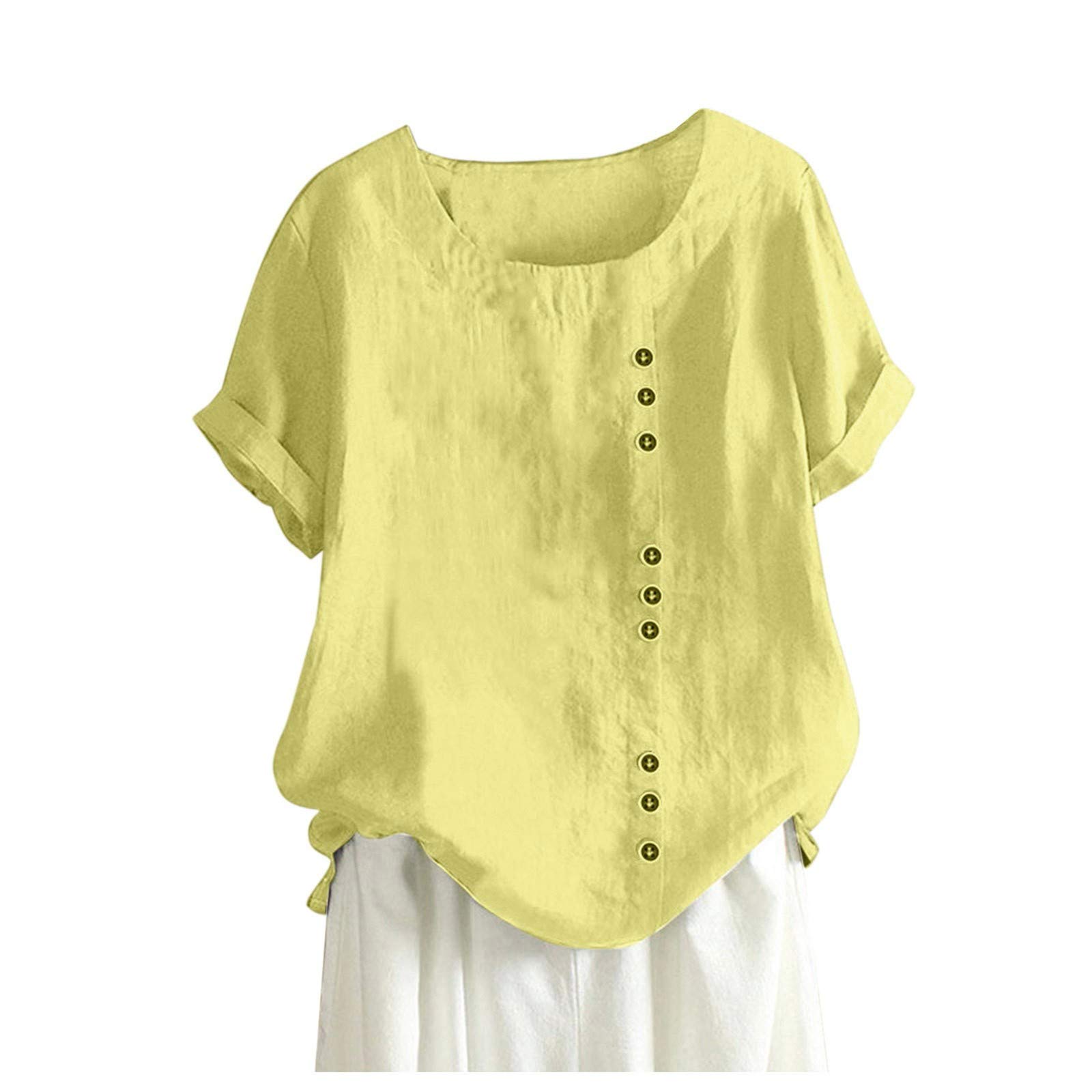 Women's Linen Summer Tops - Floral Print Round Neck Short Sleeve T-Shirt | Lightweight Casual Blouse for Beach, Travel & Everyday Wear