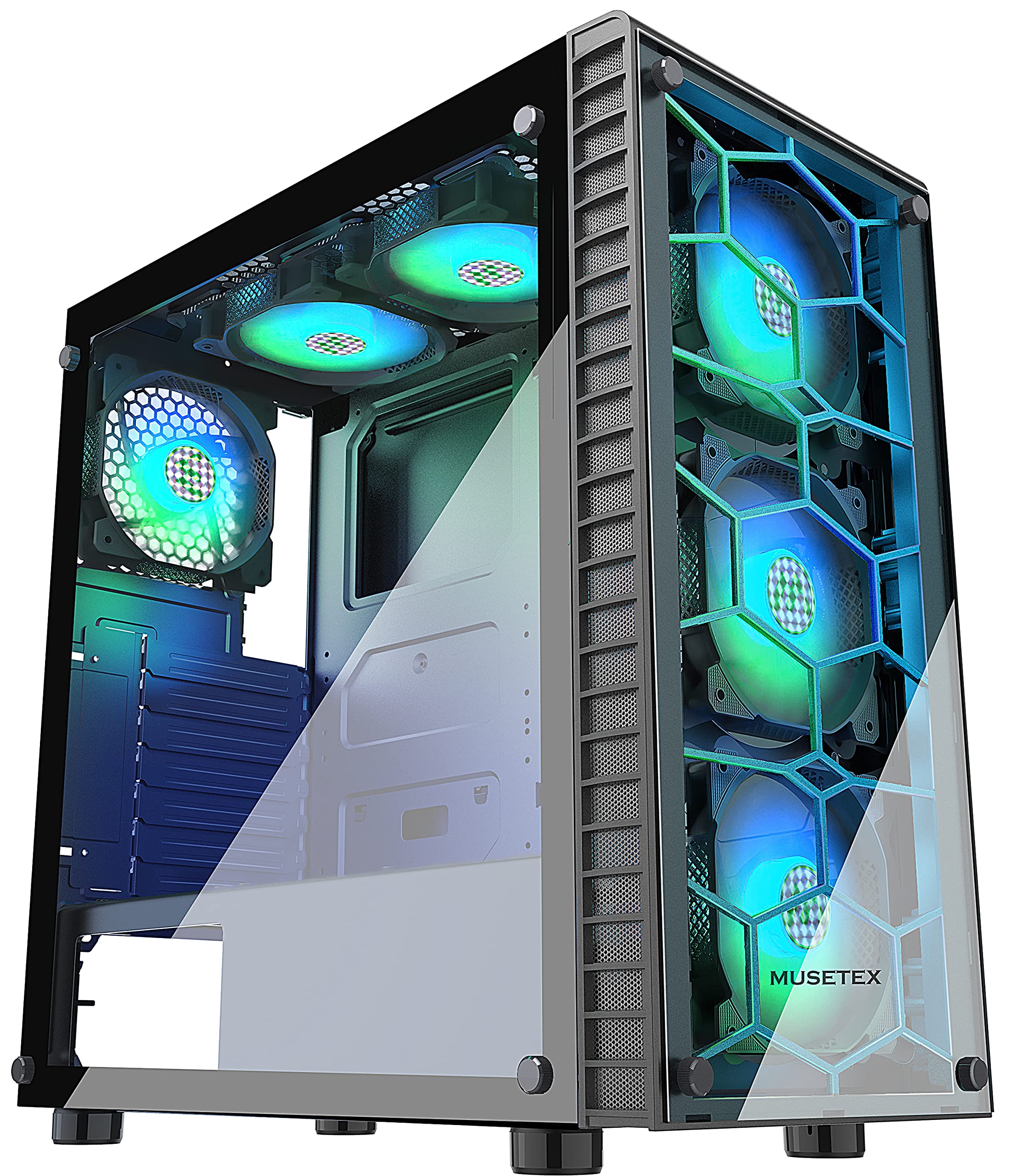 MUSETEX ATX Mid-Tower Gaming PC Case with 6 Pre-Installed ARGB Fans, USB 3.0, Tempered Glass - Excellent Cable Management & Airflow for ATX/Micro ATX/ITX Motherboards (Black, G06N6) - Perfect for Gaming Rigs, Streaming Setups & High-Performance Computers
