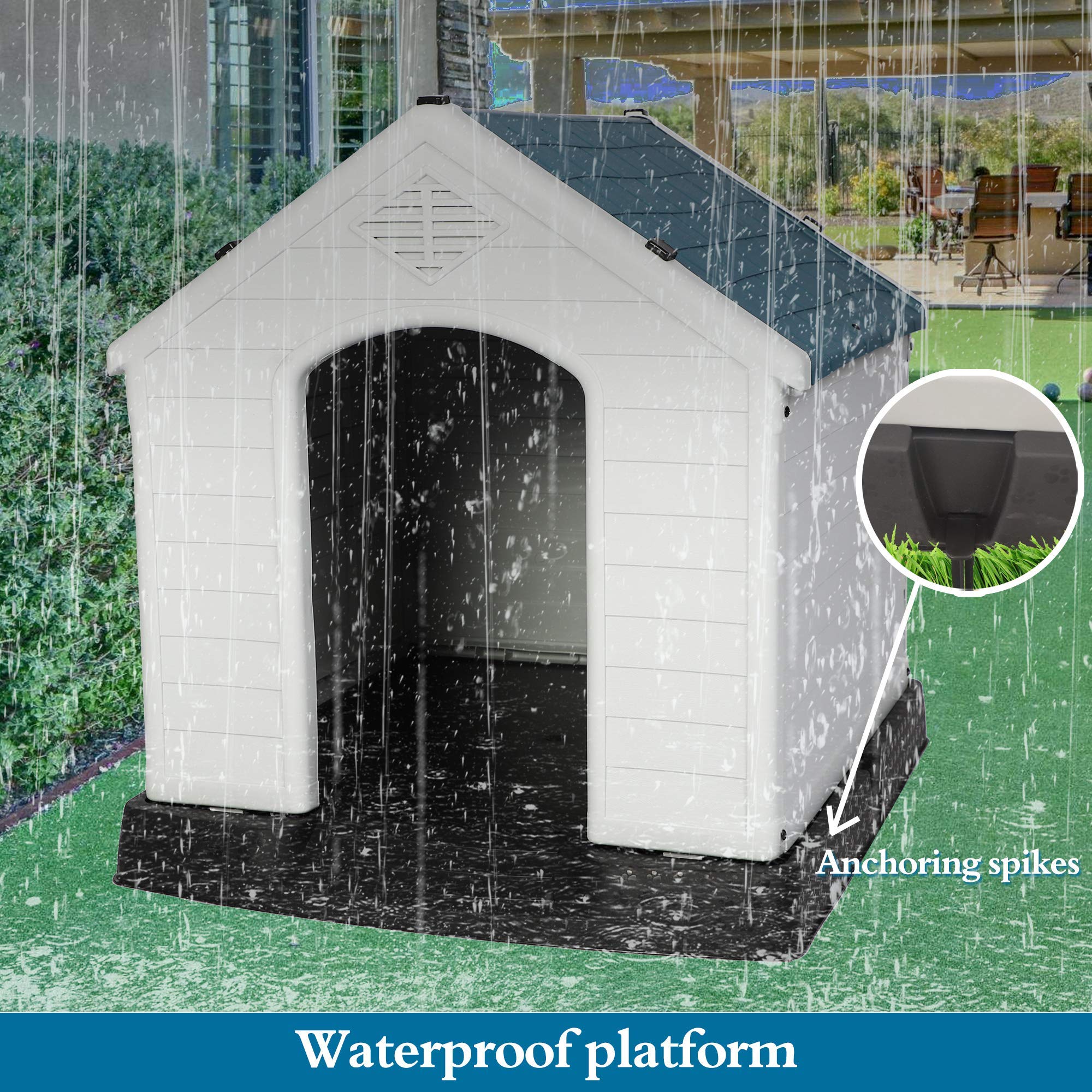 **Large Waterproof Outdoor Dog House - Weather Resistant Plastic Pet Kennel with Elevated Floor & Air Vents for Small, Medium, Large Dogs - Perfect for Backyard, Patio & Garden Use**