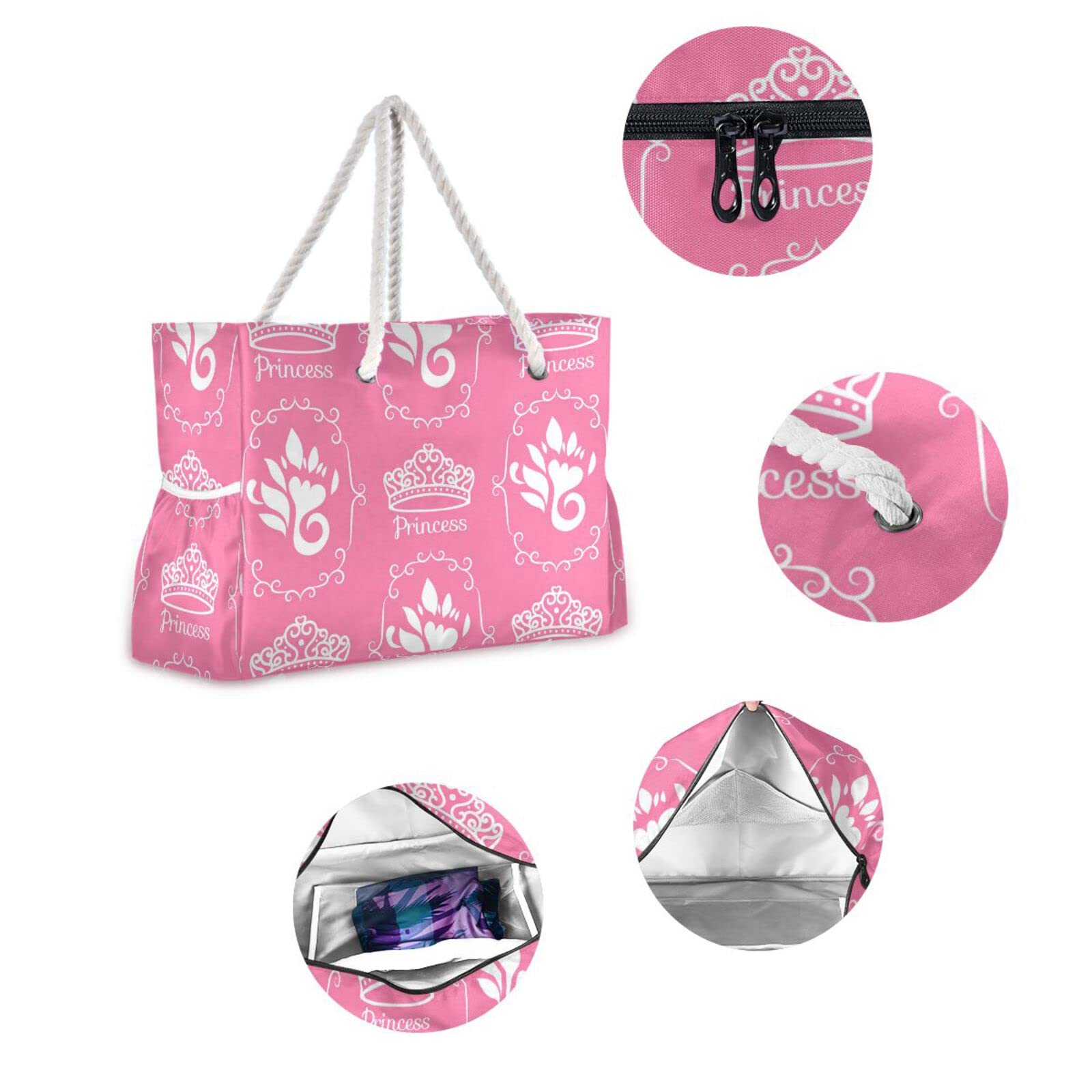 Pink Princess Crown Beach Bag - Large Waterproof Travel Tote Bag with Zipper for Women & Girls | Perfect for Pool, Beach Vacation & Summer Outings