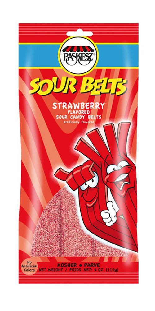 Kosher Certified Strawberry Flavored Sour Candy Belts - Nut Free, Parve, 4oz (Pack of 6) | Perfect for Party Favors, Movie Nights & Kosher Snacking