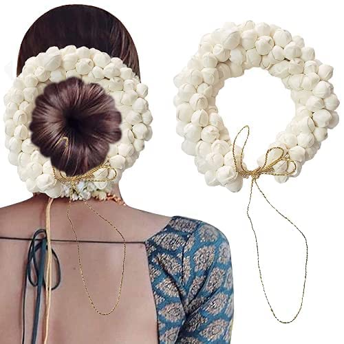 Artificial Hair Gajra for Women - Stylish White Mogra Jasmine Flower Hair Accessories | South Indian Traditional Bun Maker & 5-Piece Braid Extension Set | Perfect for Weddings, Festivals & Cultural Events