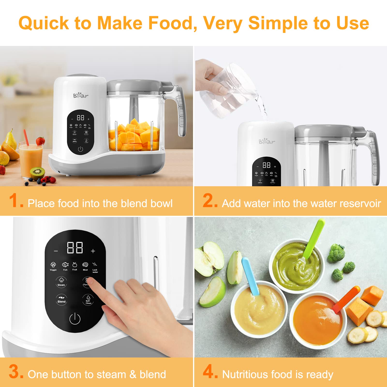 2023 Bear Baby Food Maker - One-Step Steamer, Blender & Puree Processor with Auto Cooking, Grinding & Self-Cleaning | Touch Screen Control | Perfect for Homemade Baby Food, Toddler Meals & Healthy Purees