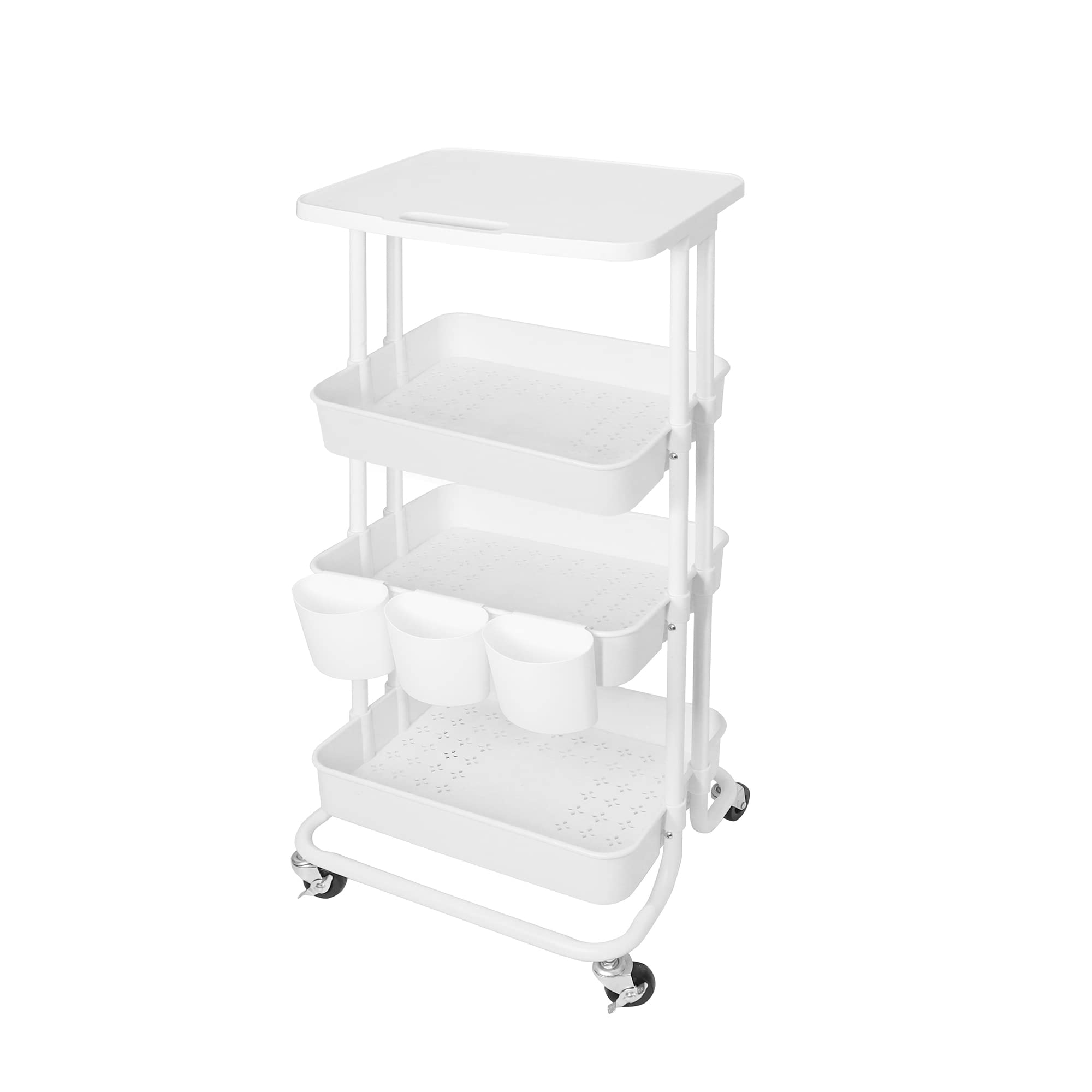 4-Tier Rolling Utility Cart with Table Top - Mobile Storage Organizer with Handle, Hanging Cup & Mesh Baskets - White - Perfect for Kitchen, Office, Bathroom & Dorm Organization
