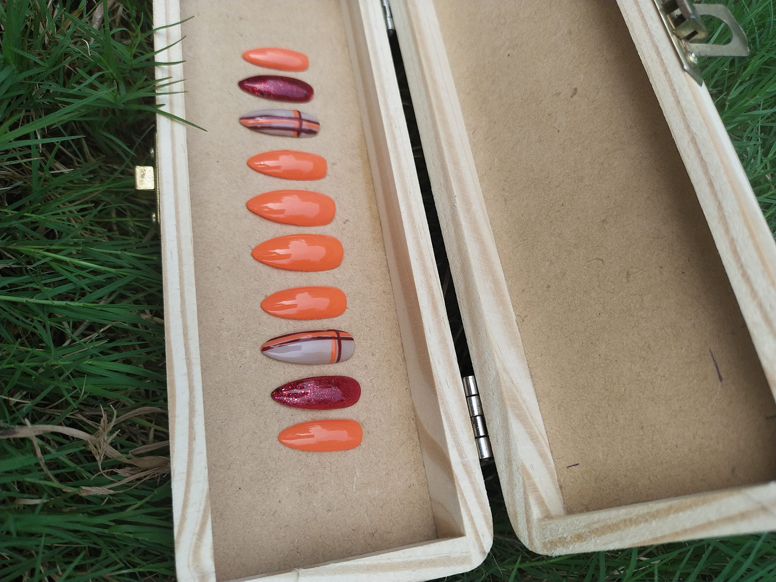 Reusable Handmade Artificial Nails - 10 Piece Orange Fall Nails Set (Small Size) | Natural-Looking Fake Nails for Halloween, Thanksgiving, Parties & Special Occasions