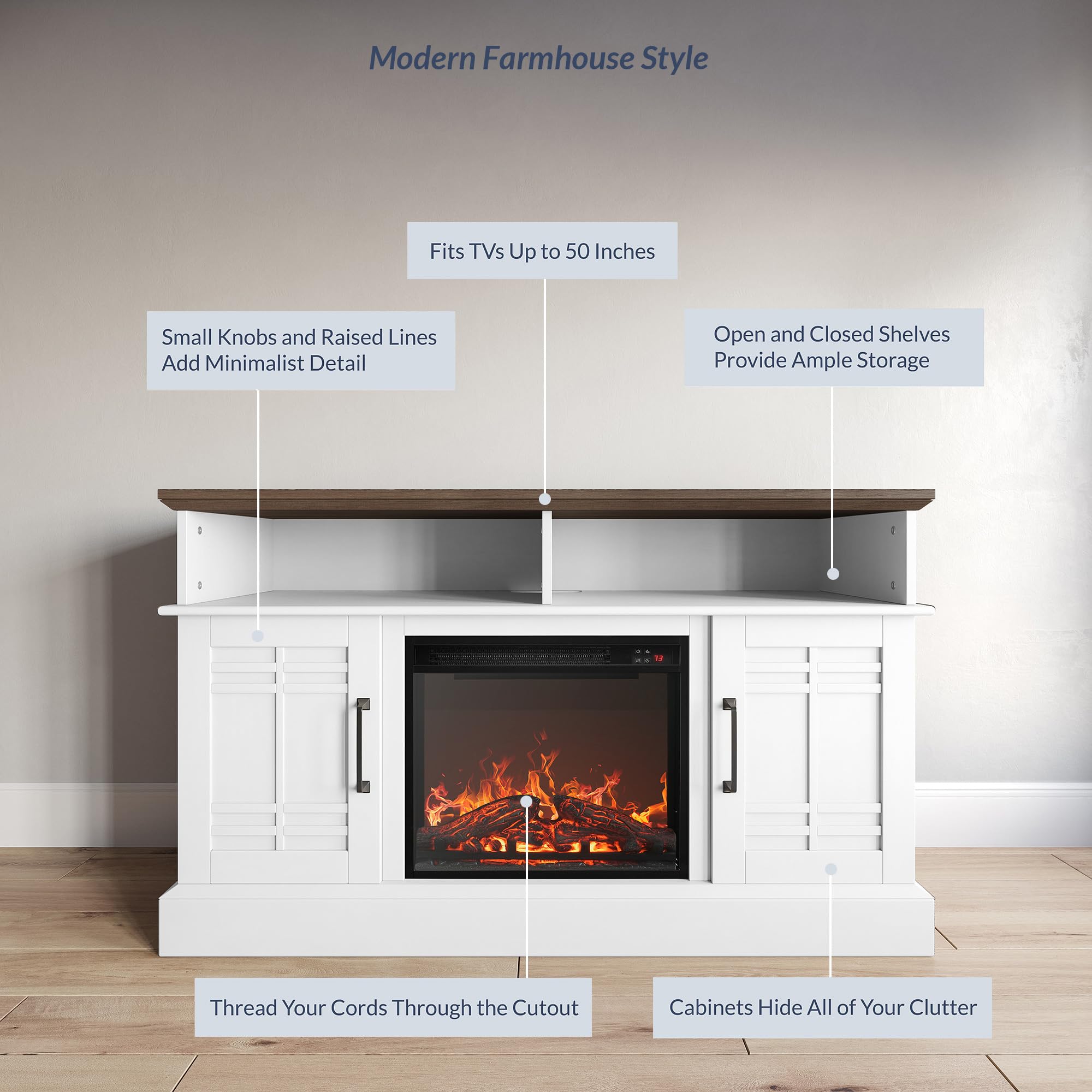 BELLEZE 48 Inch TV Stand with 18 Inch Electric Fireplace Heater - Modern Entertainment Center for 50 Inch TVs - Open Shelves & Storage Cabinets - Perfect for Living Room, Bedroom & Home Theater (White)