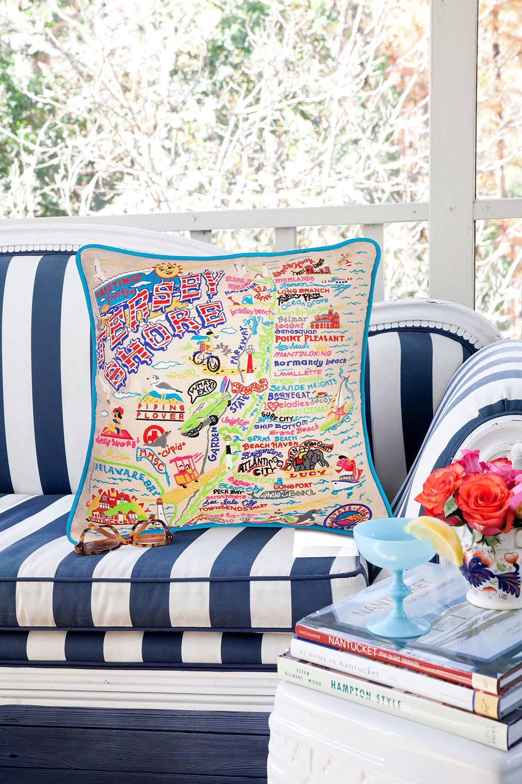 Jersey Shore Embroidered Decorative Throw Pillow for Couch & Bed - Coastal Home Decor Accent - Perfect for Living Room, Bedroom, or Beach House Styling