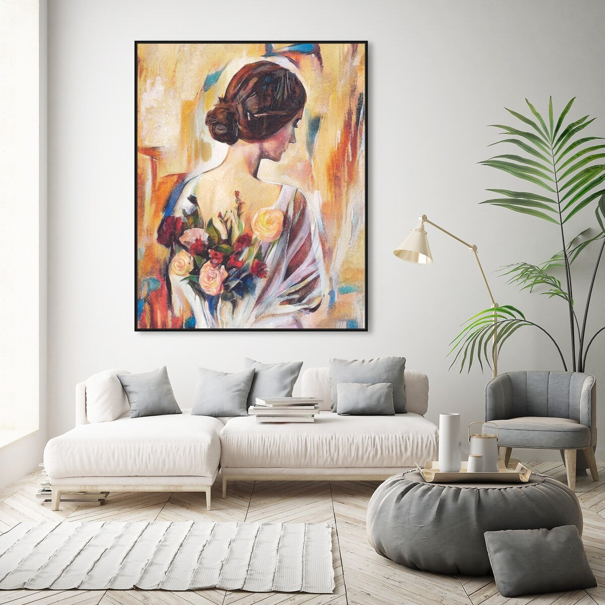 Modern White Framed Canvas Wall Art Print - Floral Back and Flowers Design for Women, Elegant Home Decor for Bedroom, Living Room & Office