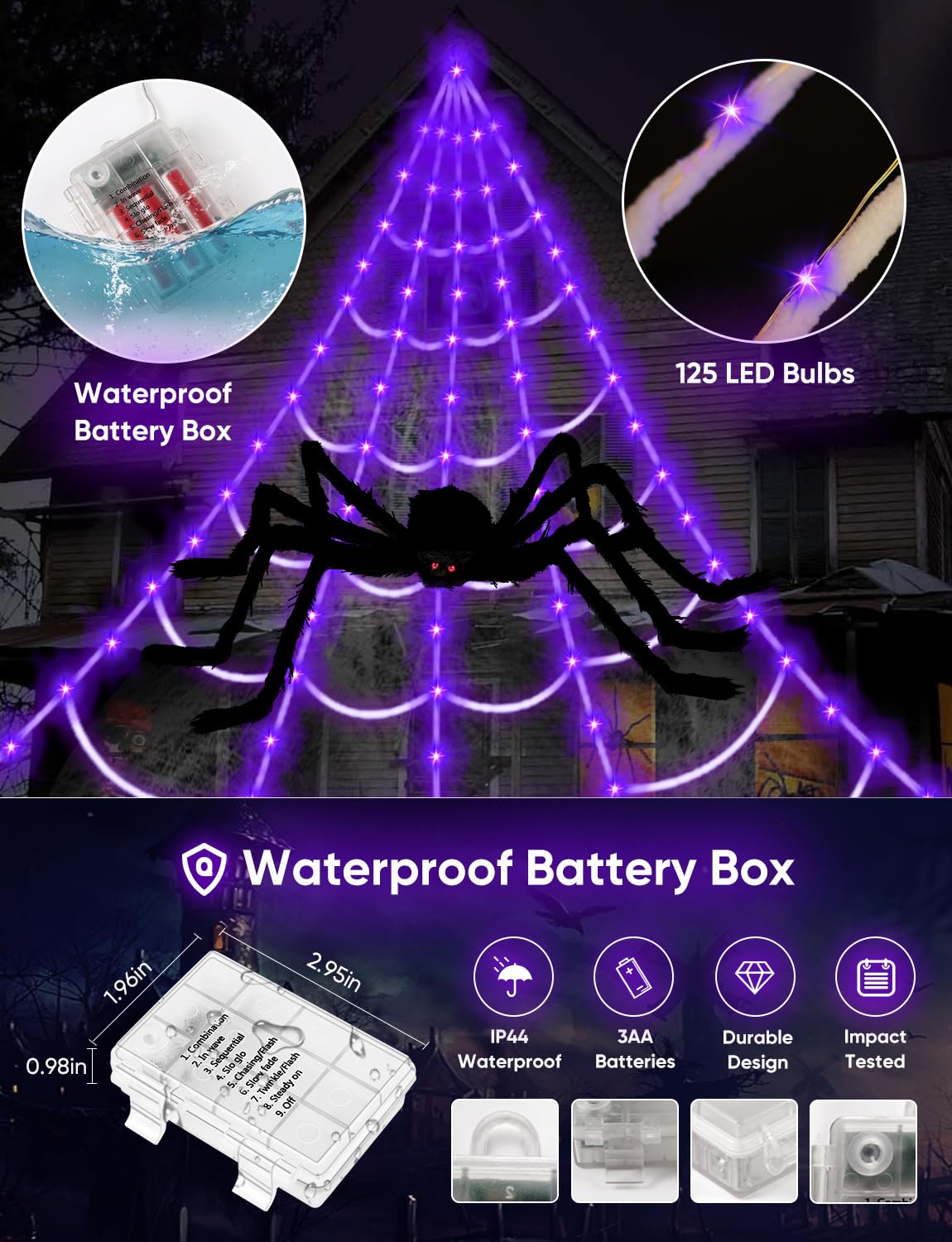 Spider Web Halloween Lights - 250 LED 16.4Ft Outdoor Battery Powered Purple Halloween String Lights with Remote Control, 8 Lighting Modes, 60