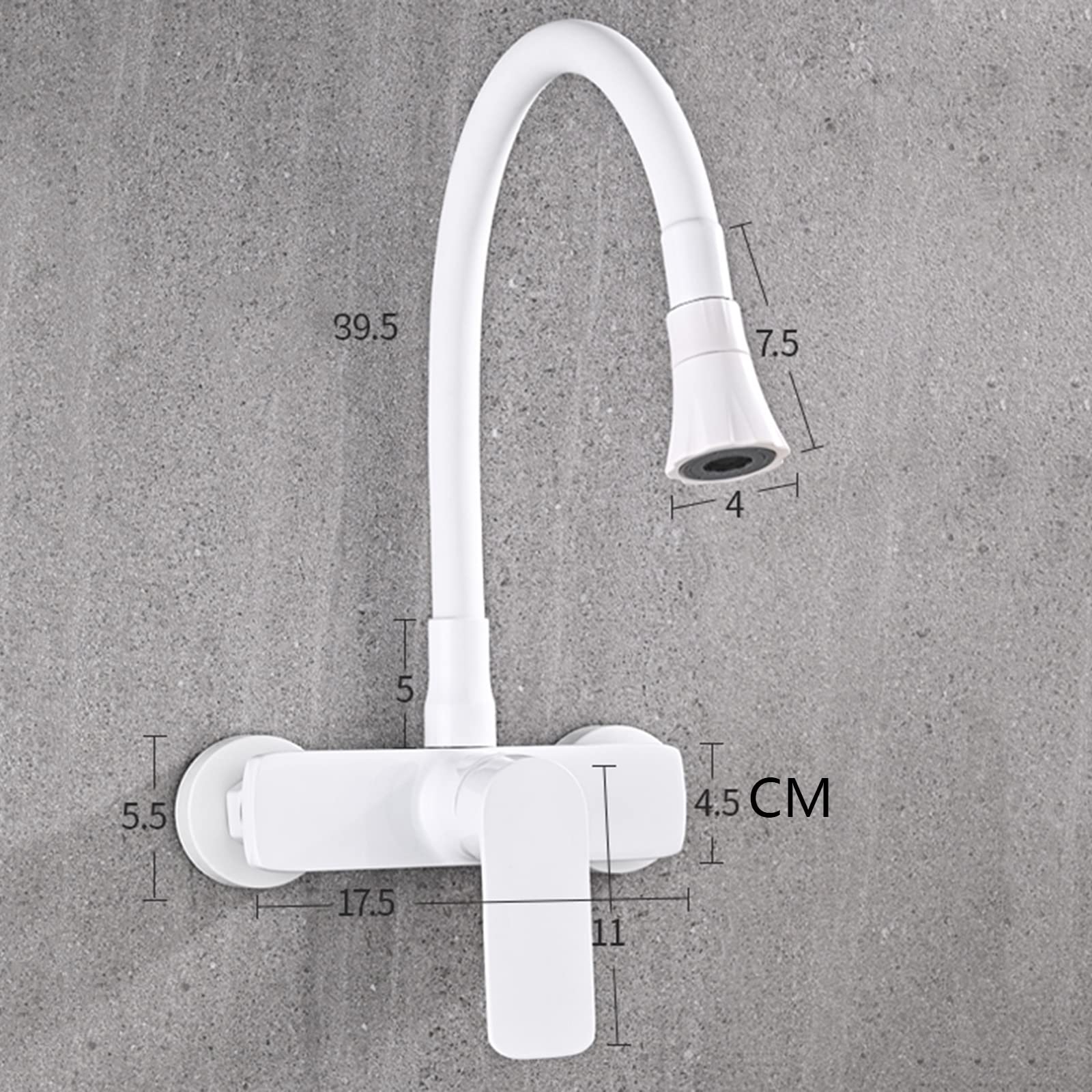 Wall Mount Kitchen Faucet with Brass Showerhead - Hot/Cold Water Swivel Sink Faucet in White | Perfect for Small Kitchens, RV Bathrooms & Outdoor Sinks