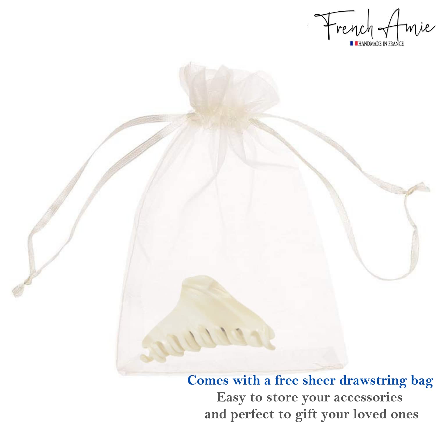 French Amie Director Thin & Narrow Ivory Handmade Celluloid Hair Claw Clip - Small Jaw Spring Clamp with Inner Teeth for Women's Updos, Ponytails & Half-Up Styles