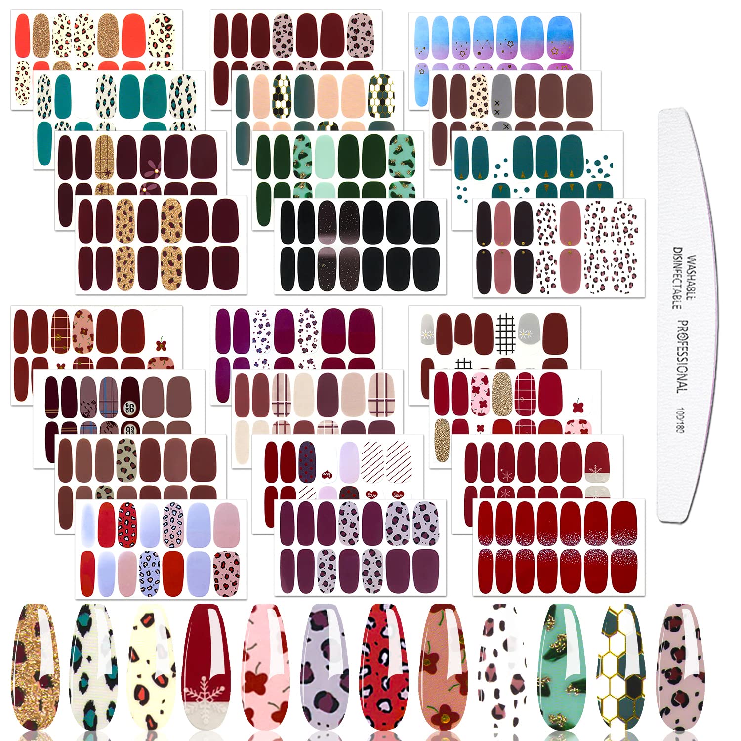 JERCLITY 24 Sheets Leopard Print Nail Polish Strips - Self-Adhesive Gel Nail Wraps with Nail File for Women & Girls | Easy DIY Manicure at Home, Parties & Gifts
