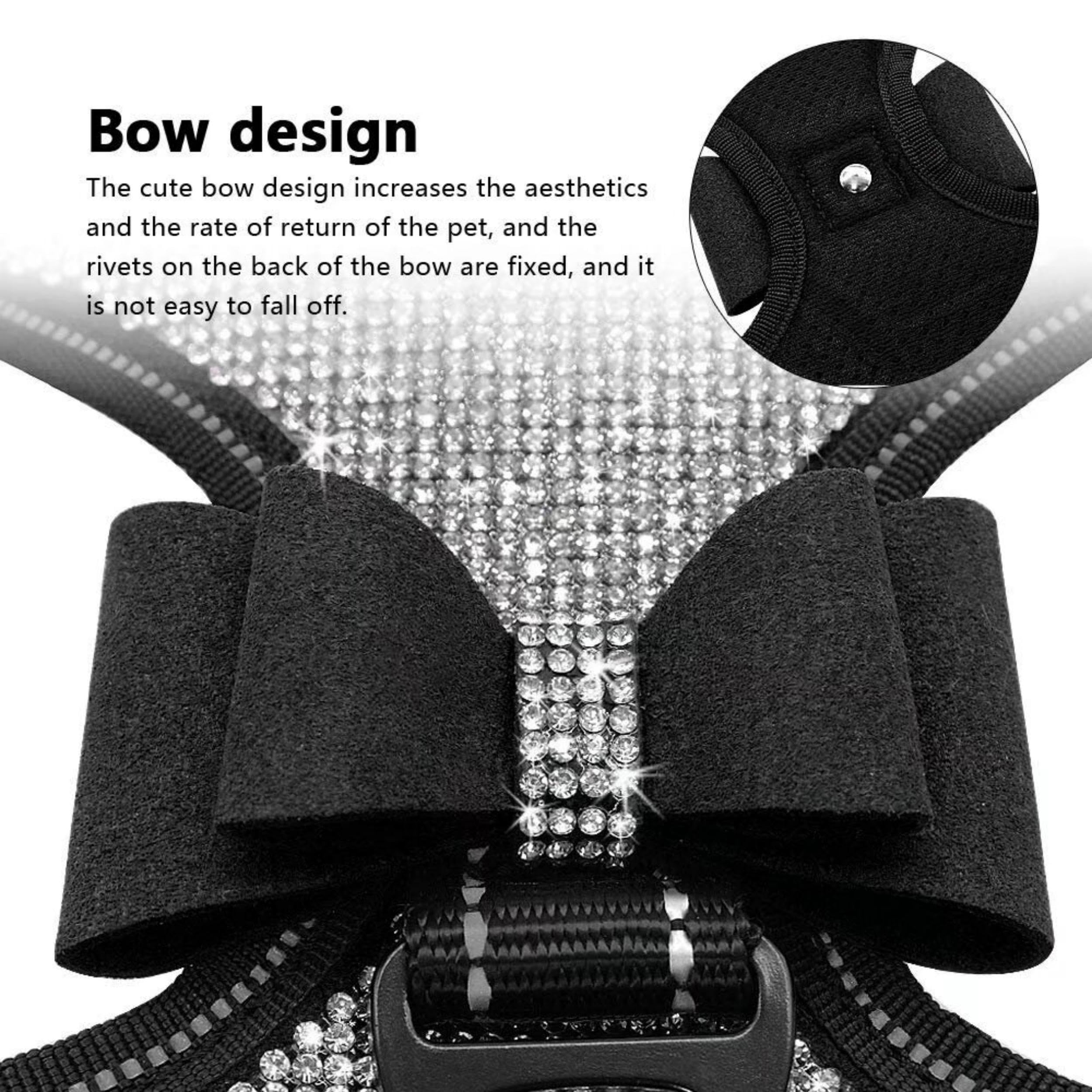 Beirui Soft Fleece Padded Dog Harness for Small & Medium Dogs - Sparkly Rhinestone Vest with Bow Tie - Reflective Safety Puppy Harness for Walking, Parties & Outdoor Adventures (Black, Large) - Perfect for Daily Walks, Pet Events & Special Occasions