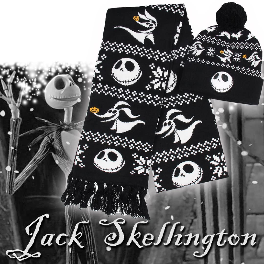 Disney The Nightmare Before Christmas Jack Skellington & Zero Beanie Scarf Set - Black | Official Merchandise | Halloween & Christmas Costume Accessories