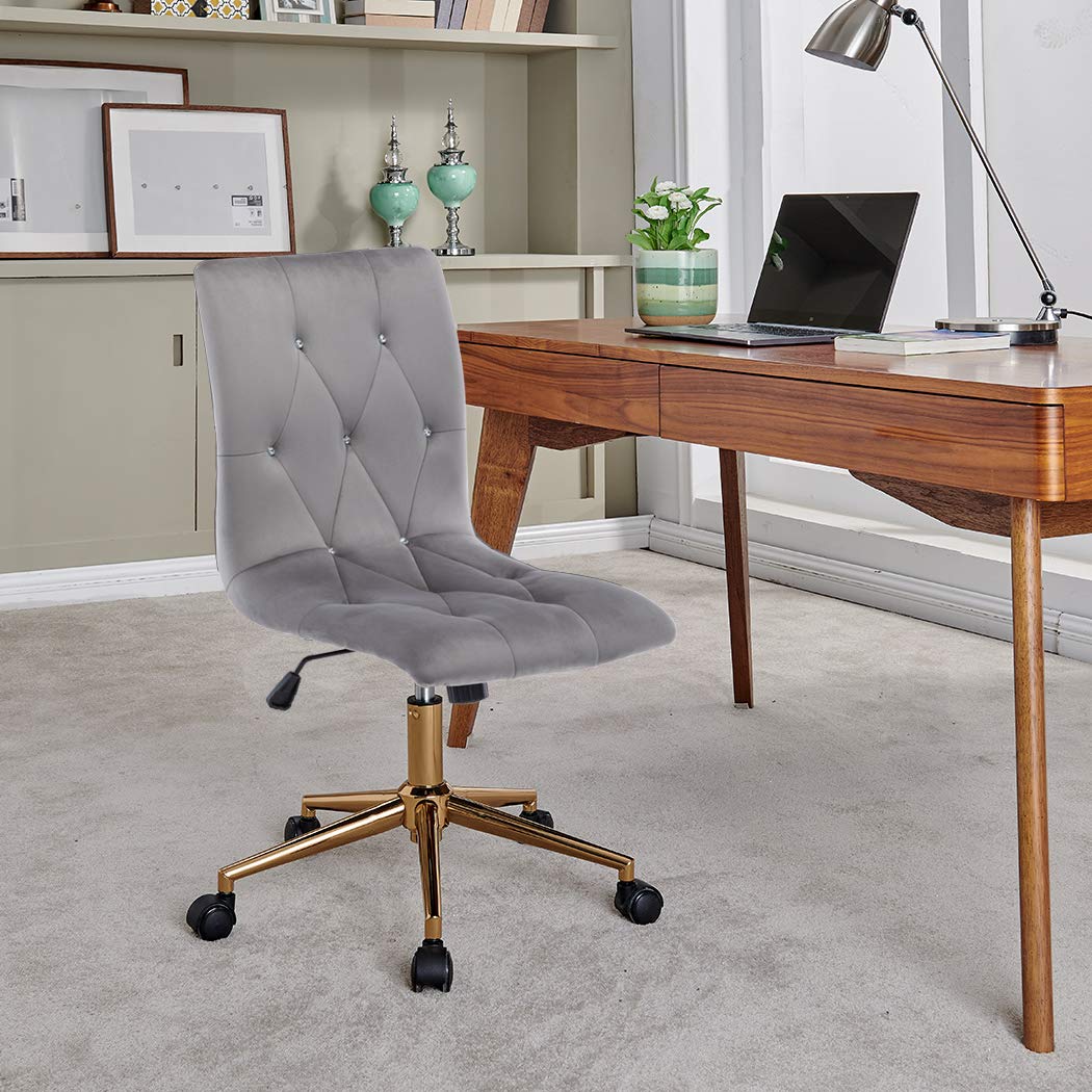 DUHOME Armless Velvet Tufted Office Chair - Adjustable Rolling Desk Chair with Wheels & Back Support, Grey - Perfect for Home Office, Computer Work & Vanity Dressing