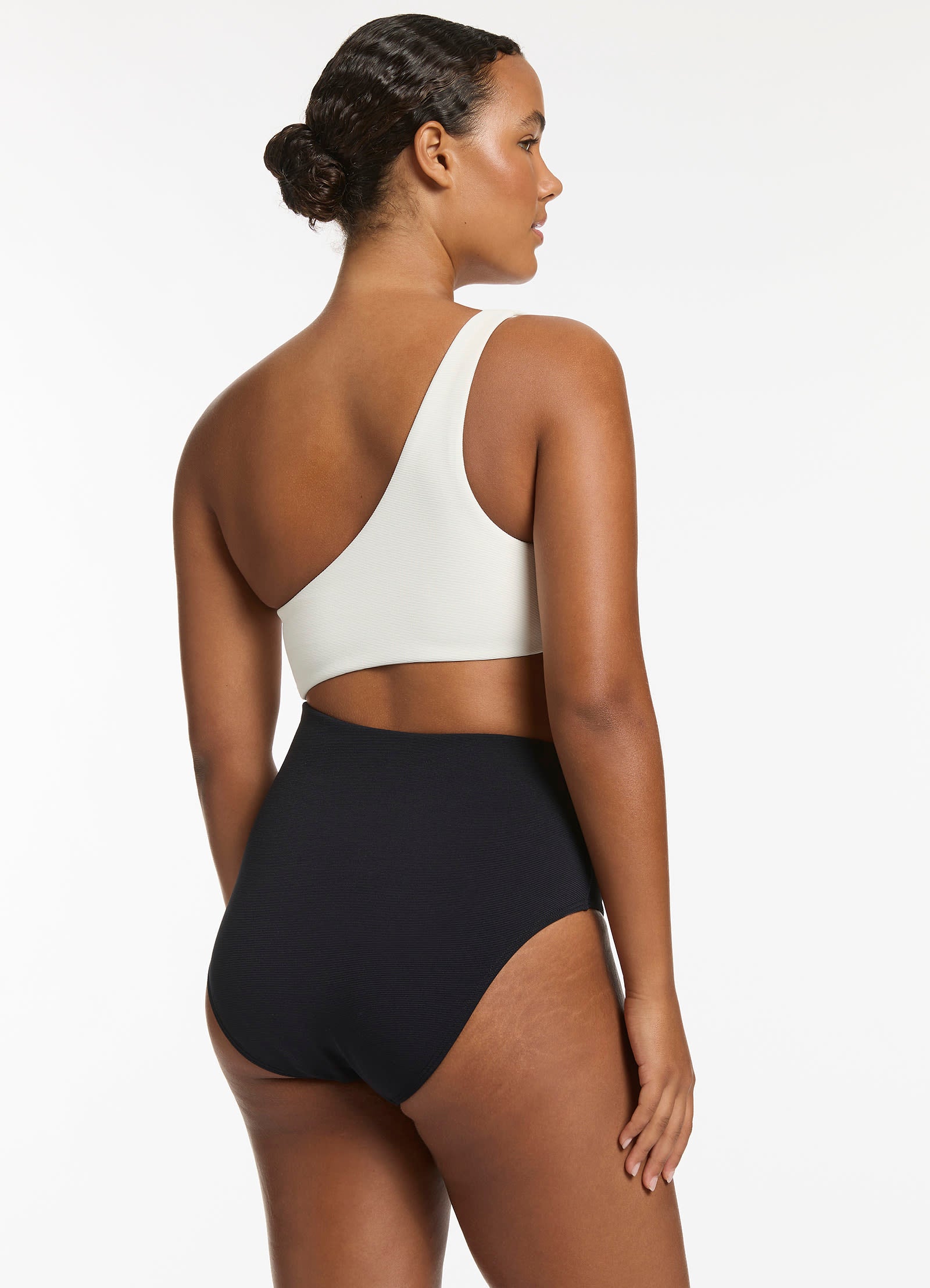 Versa Rib One Shoulder One Piece Swimsuit - Black & Cream - Sexy Monokini for Beach, Pool Party & Summer Vacation