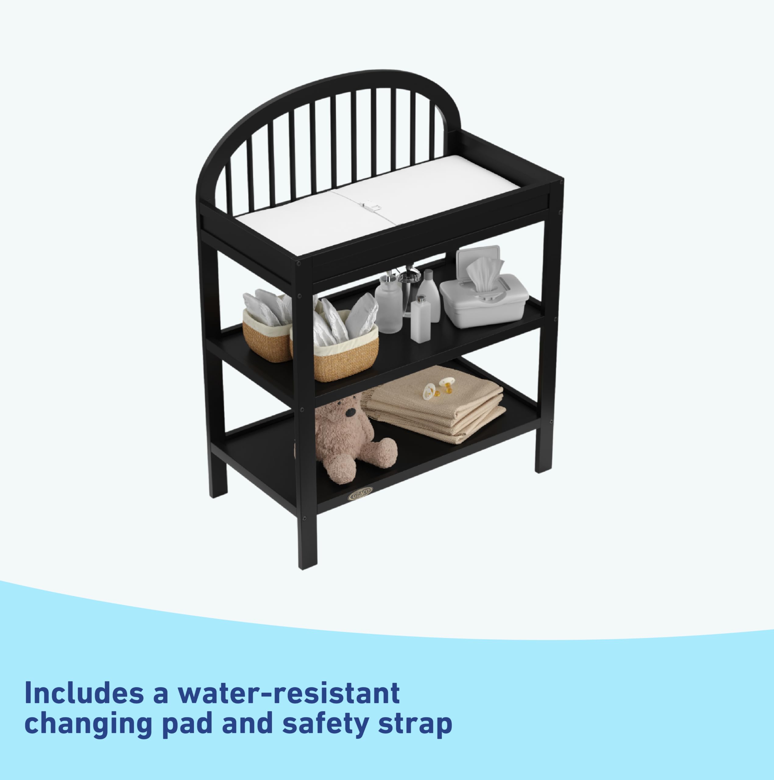 Graco Olivia Baby Changing Table with Waterproof Changing Pad - GREENGUARD Gold Certified, Black Nursery Dresser with Safety Strap & 2 Open Shelves | Modern Nursery Furniture for Diaper Changes, Baby Care & Storage Organization