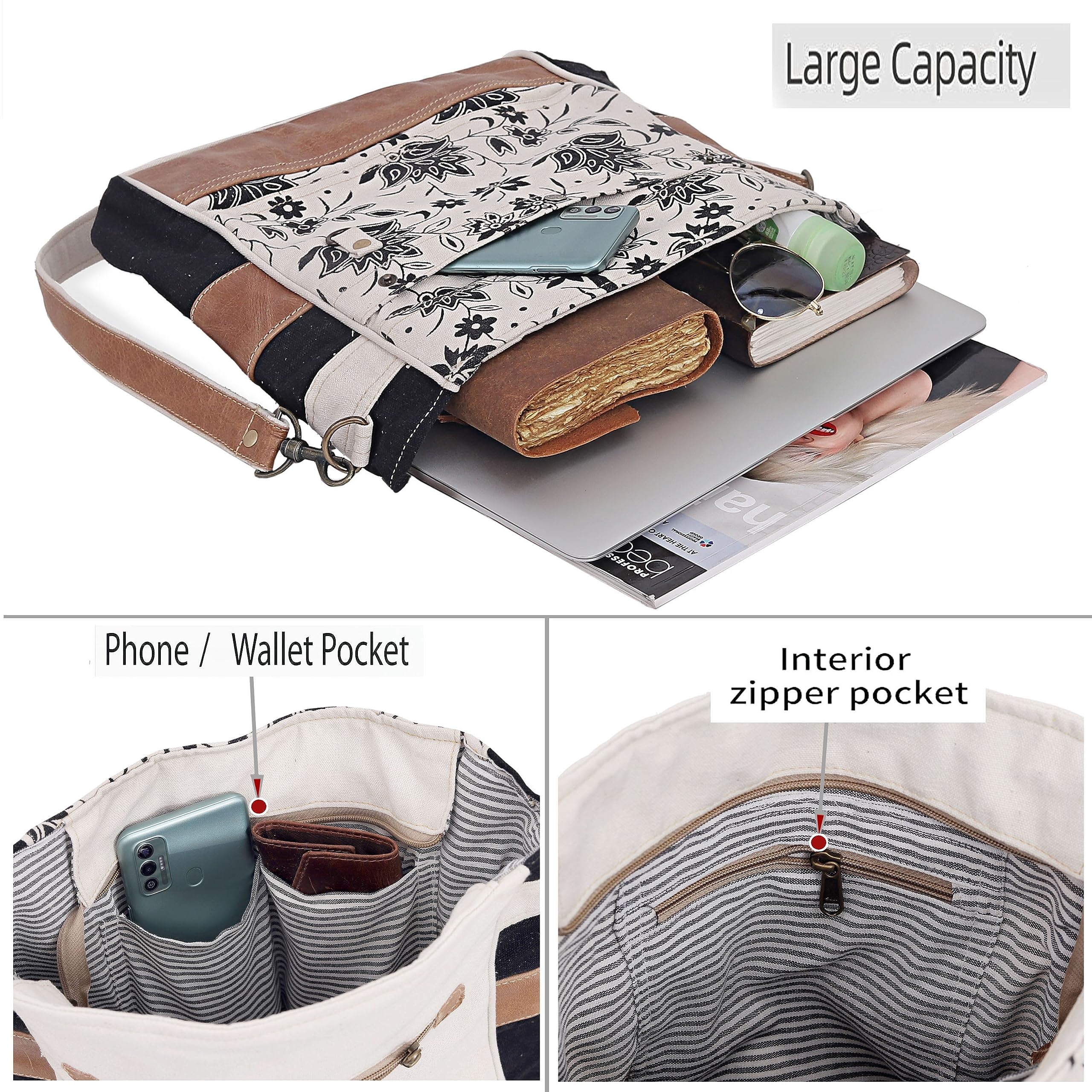 Upcycled Canvas & Leather Shoulder Bag for Women - CLA Bags SEL de MER Off-White Blossom Print Crossbody Purse | Eco-Friendly Fashion Accessory for Work, Travel & Everyday Use