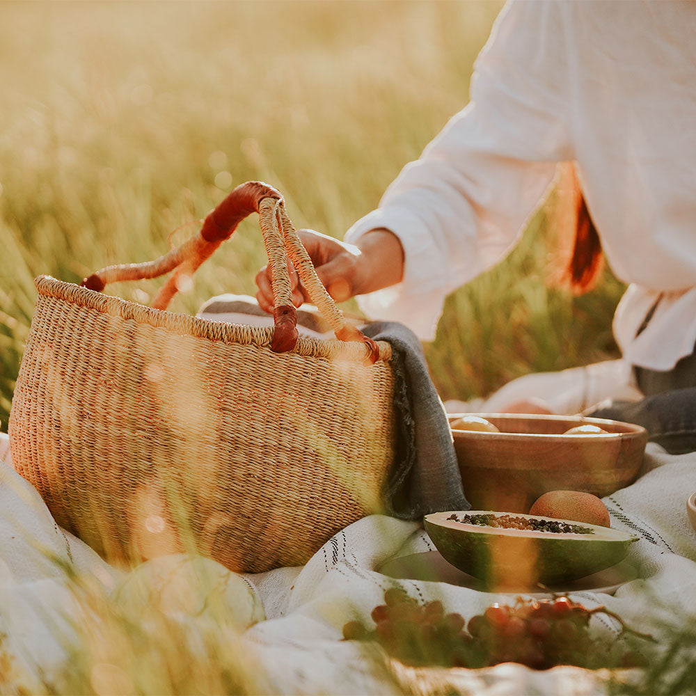 Handwoven Bolga Basket with Brown Leather Handle - Perfect for Home Decor, Storage & Picnic Accessories